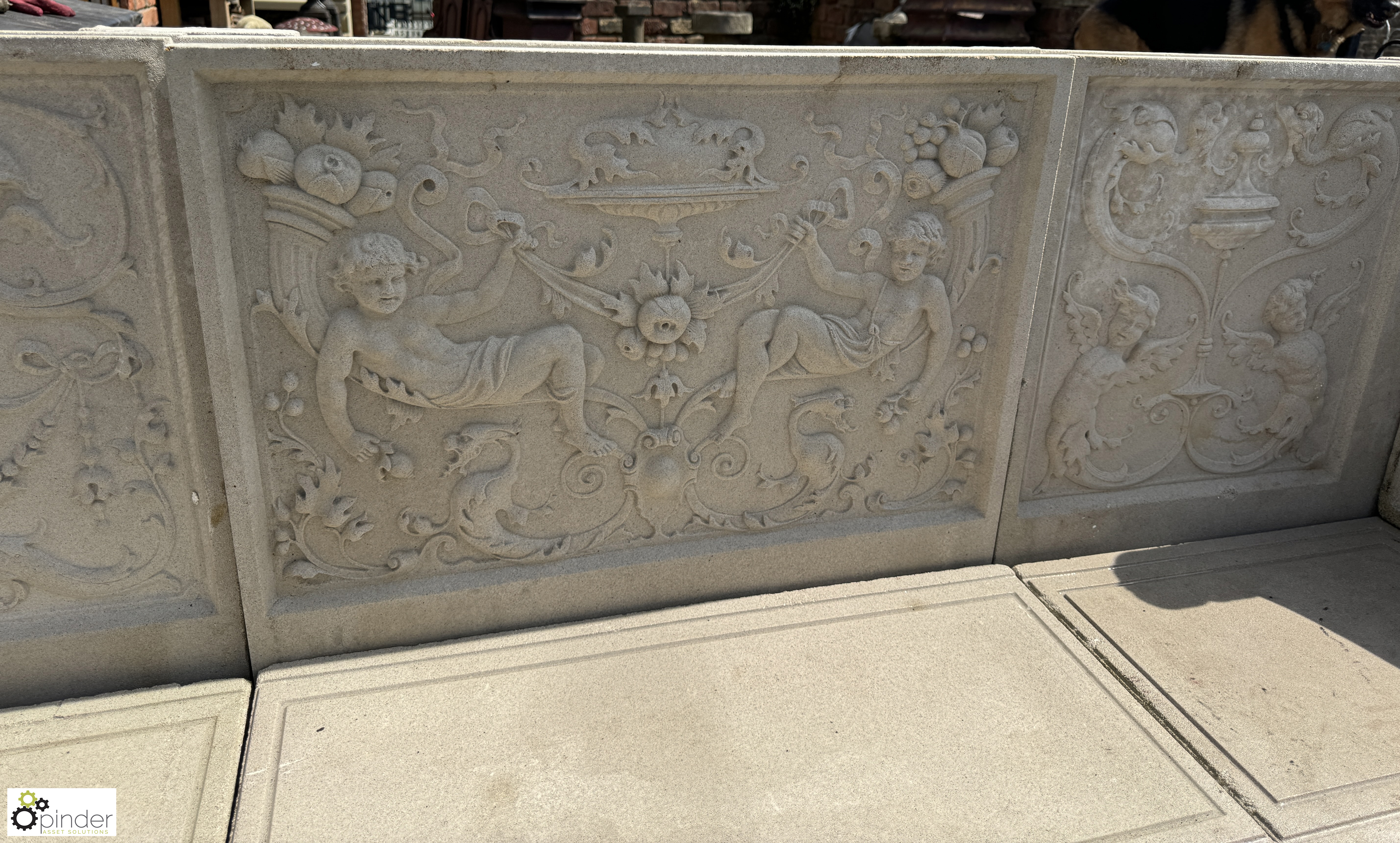 A reconstituted Haddonstone Garden Bench, with classical decoration by Raphael, approx. 40in x 86in - Image 7 of 15