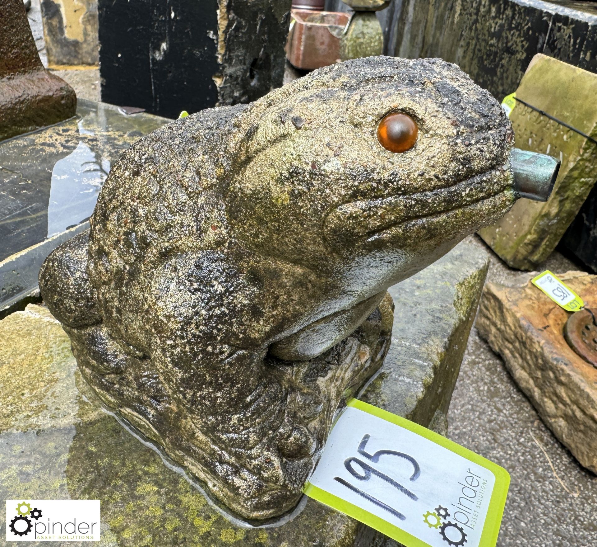A reconstituted stone Frog Fountain Head, with copper waterspout, approx. 7in, circa early to mid