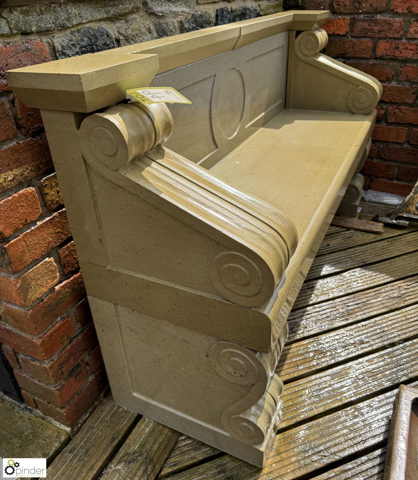 A hand carved Yorkshire stone Bench, with classical scroll design, approx. 35in x 62in (paired - Image 5 of 7