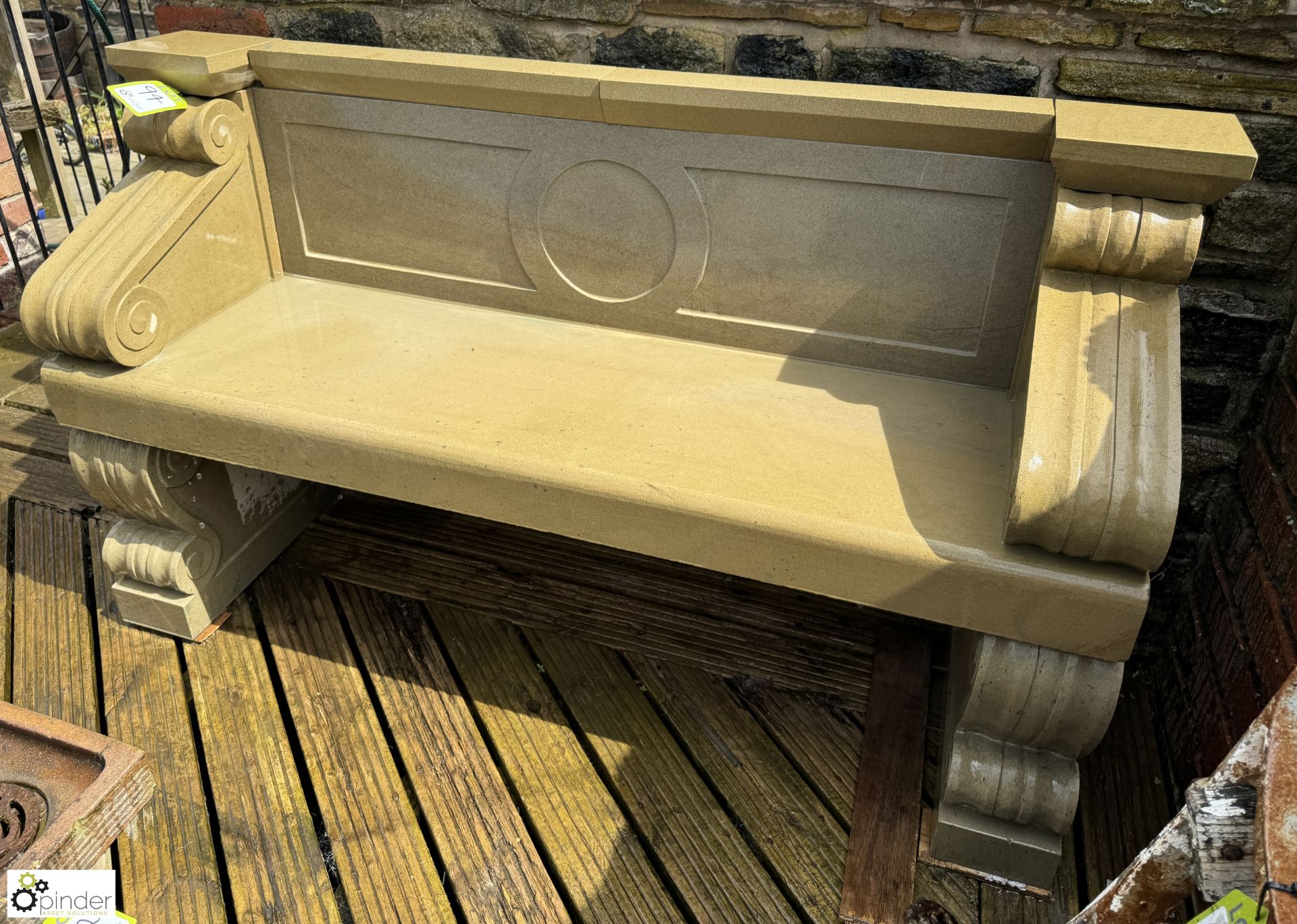 A hand carved Yorkshire stone Bench, with classical scroll design, approx. 35in x 62in (paired - Image 2 of 7