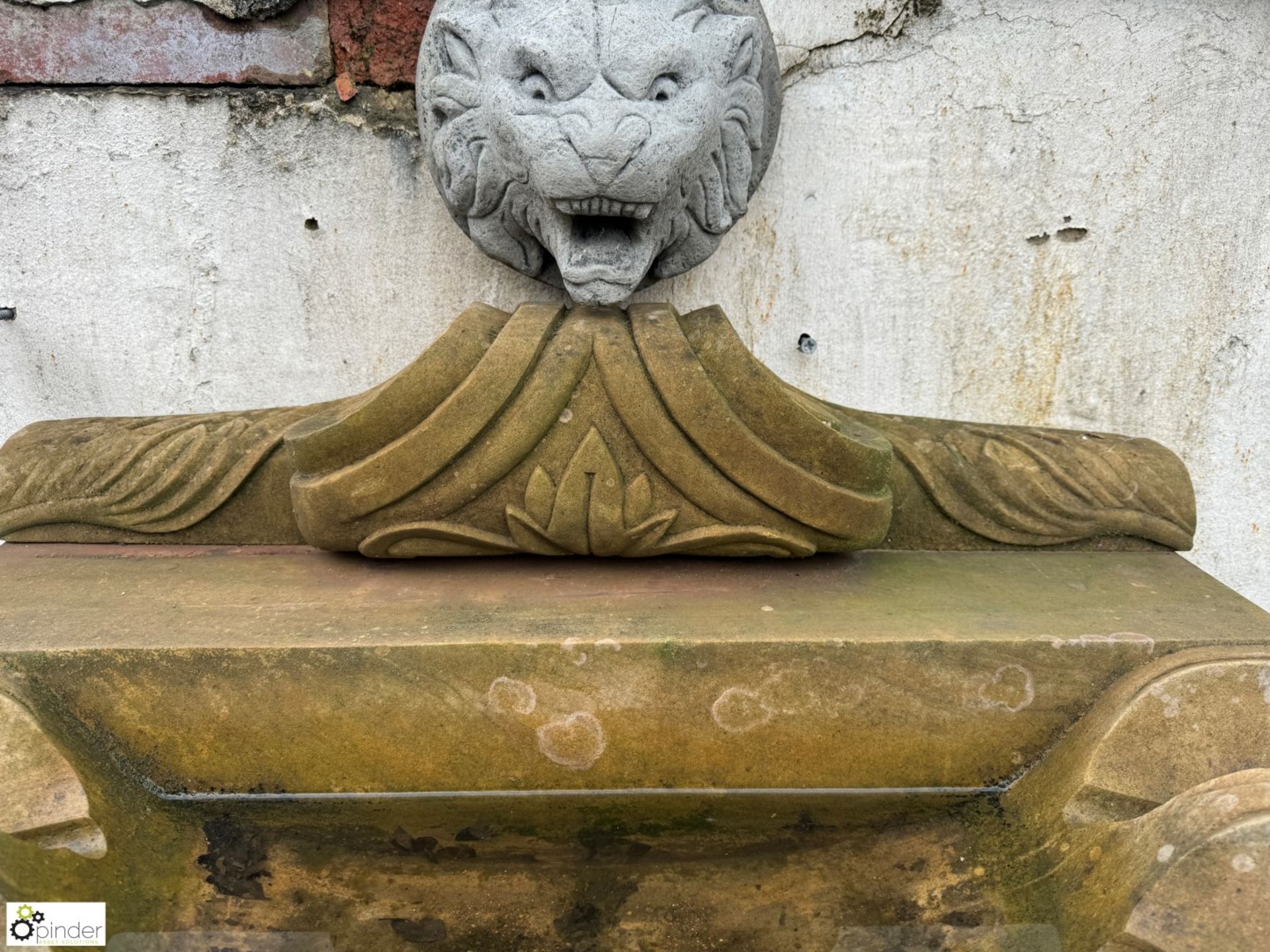 A Wall Fountain comprising reconstituted stone lions head waterspout, mounted above a sandstone clam - Image 7 of 13