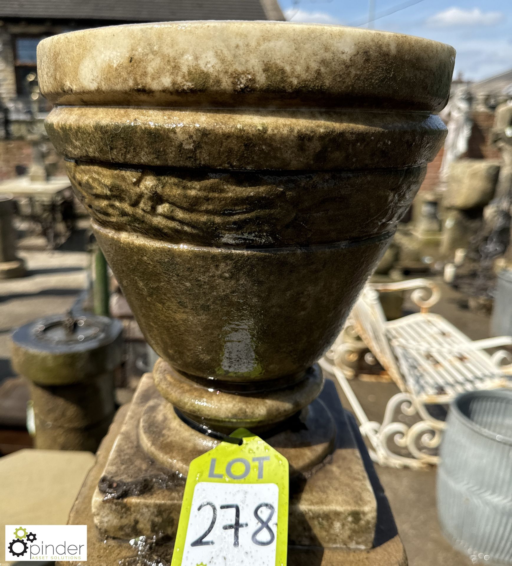 An antique statuary white marble Garden Urn, with bay leaf foliage decoration, approx. 12in x 10in