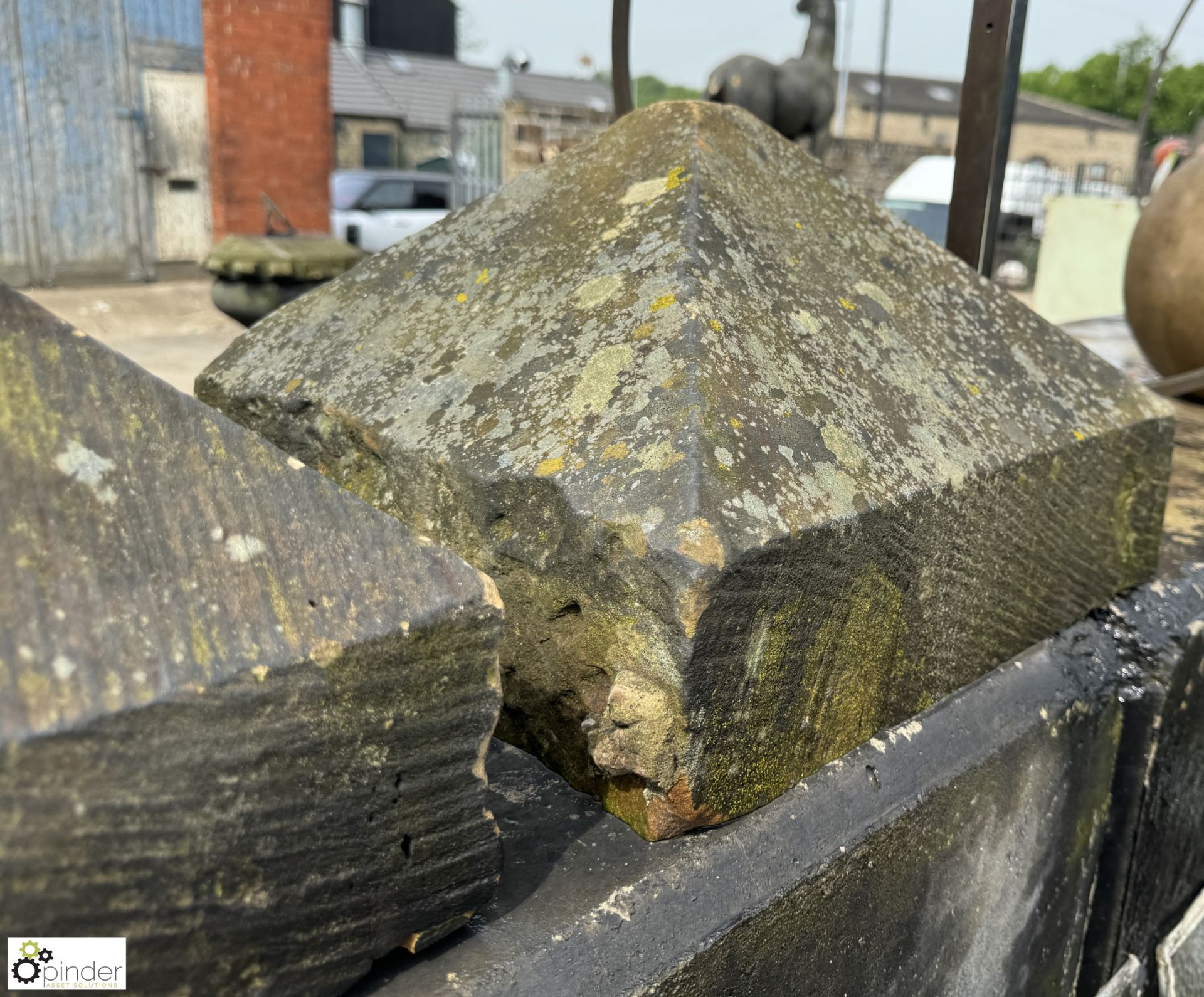 A set 3 Victorian Yorkshire stone triangular top Pier Caps, approx. 10in x 16in x 16in - Image 6 of 10