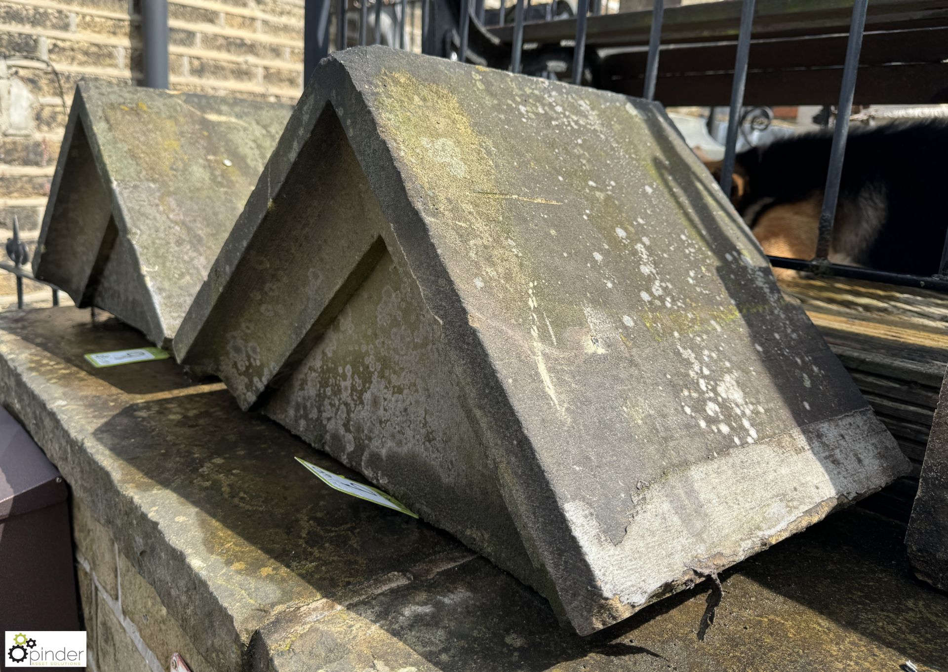 A pair Victorian Yorkshire stone triangular Pier Caps, approx. 15in x 24in, circa 1880s (paired with - Image 2 of 7