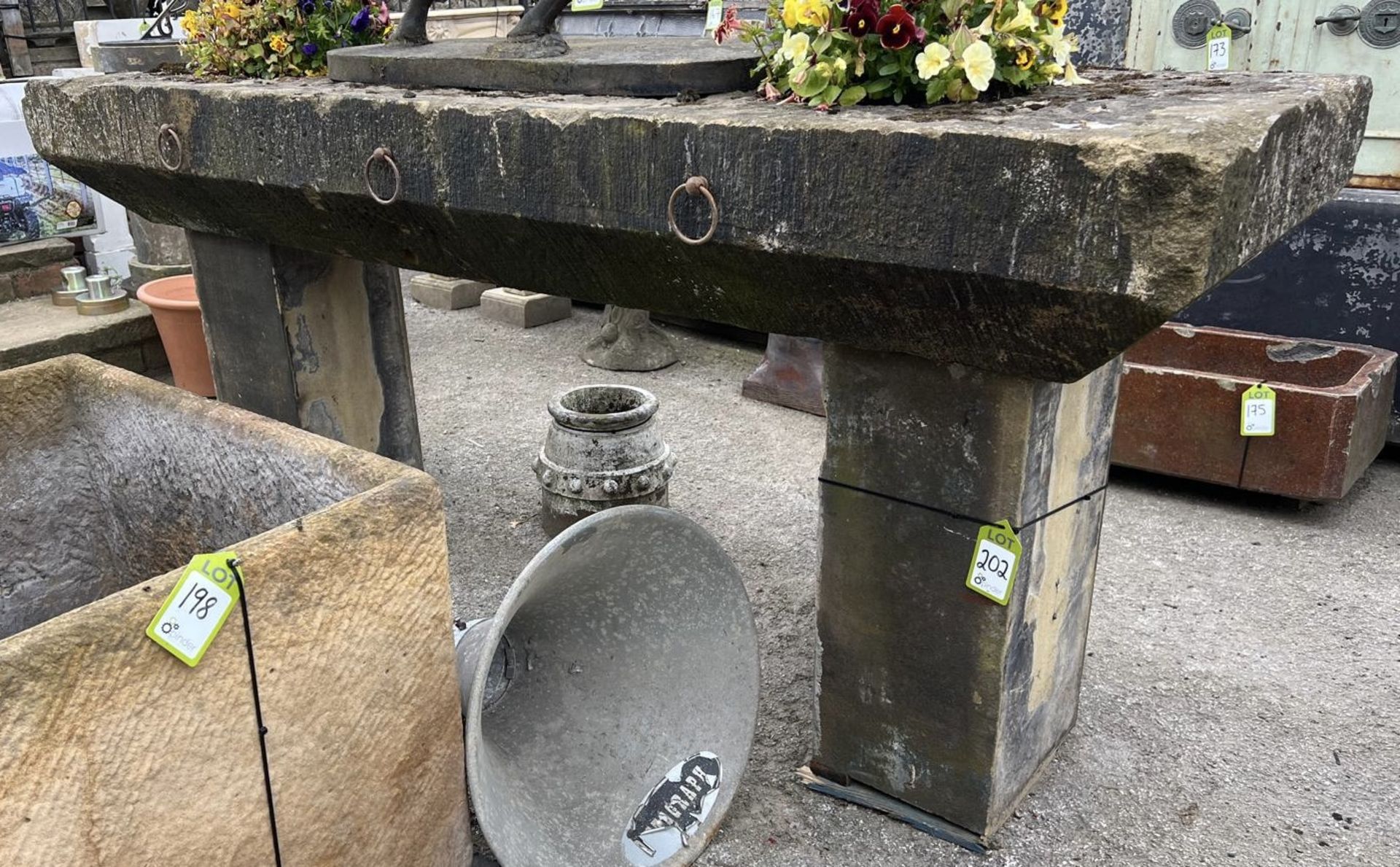 A large Yorkshire stone Courtyard/Feed Trough, originally used for tethering horses, approx. 44in