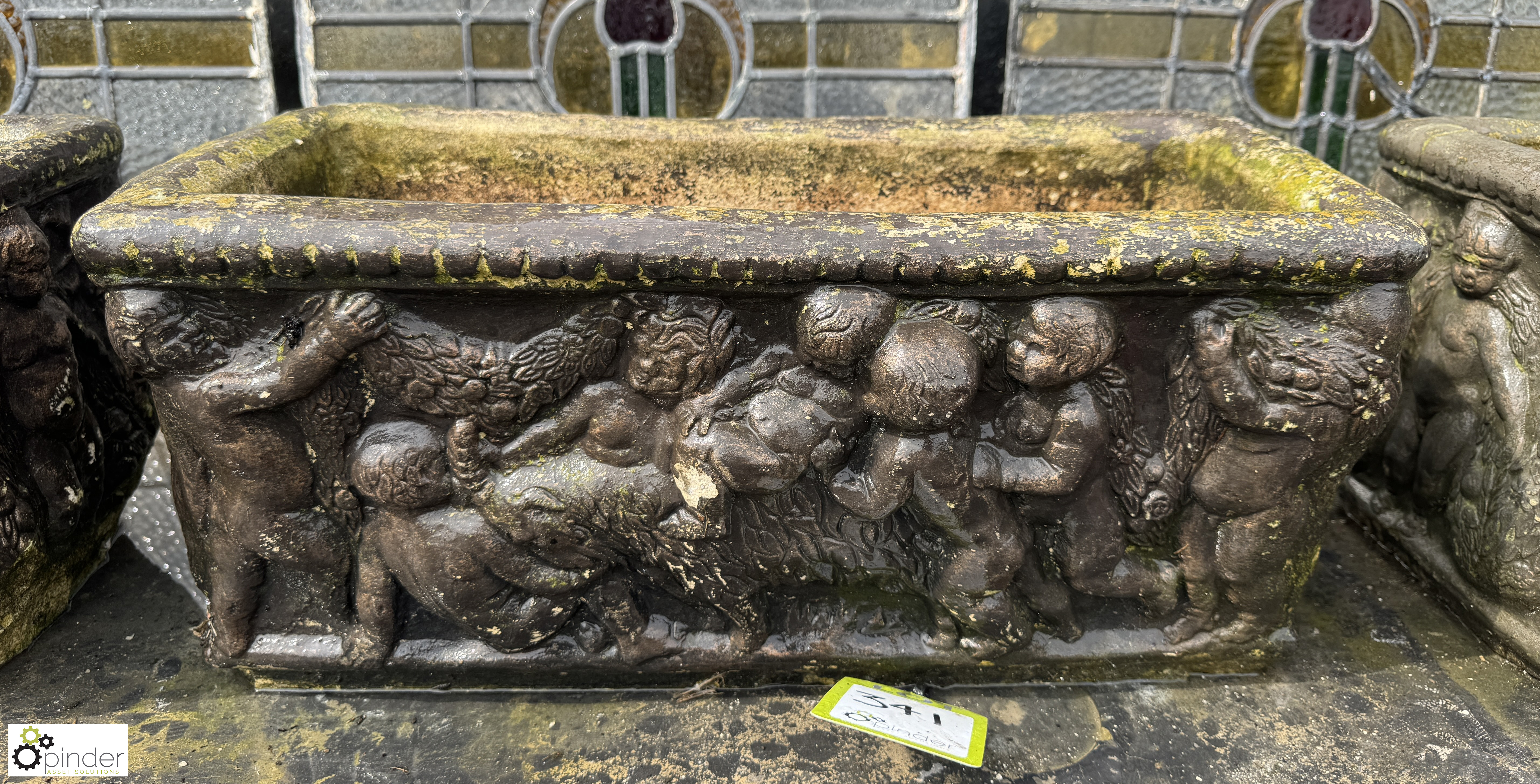 A set 3 reconstituted stone Planters, with classical design depicting 3 cherubs playing, approx. 9in - Image 4 of 10
