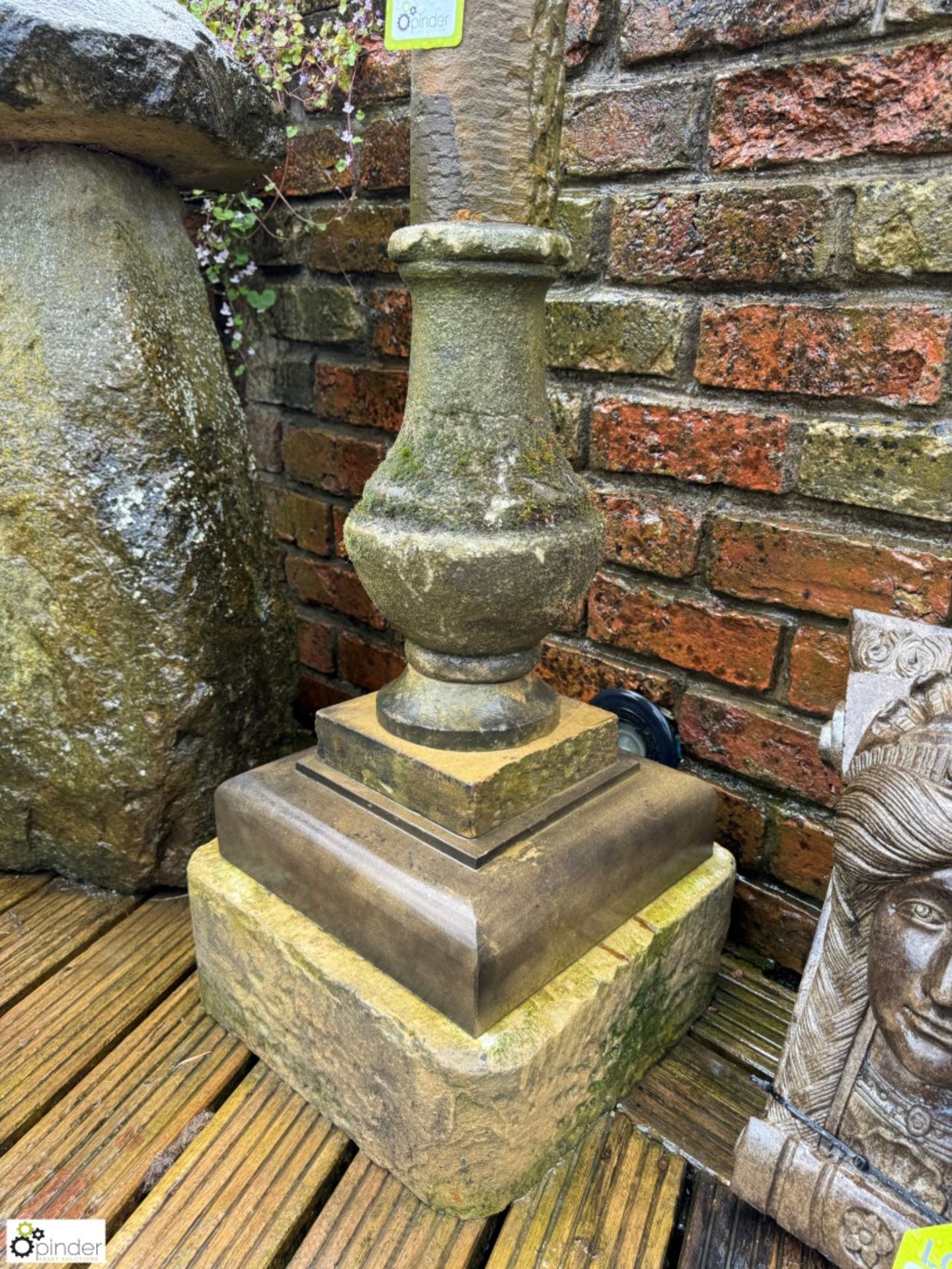 A Yorkshire stone balustrade Armillary Plinth, with cast iron armillary, marked “North, East, South, - Image 6 of 7