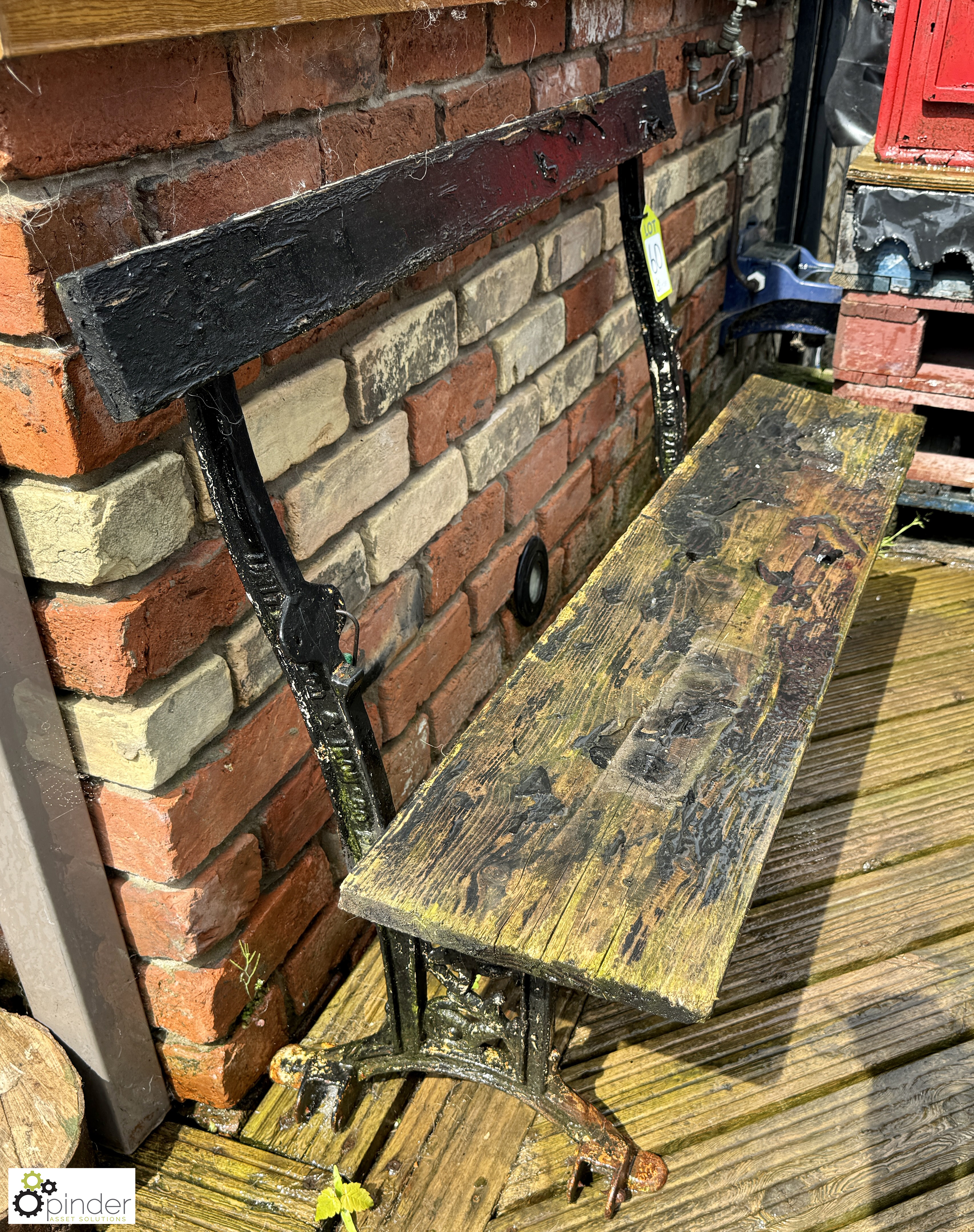 A decorative wrought iron folding Theatre Bench, makers mark “Unity Wood & Iron Company Padiham”, - Image 6 of 7