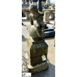 A reclaimed 2-tier Yorkshire stone Garden Plinth, with reconstituted stone cherub statue sitting
