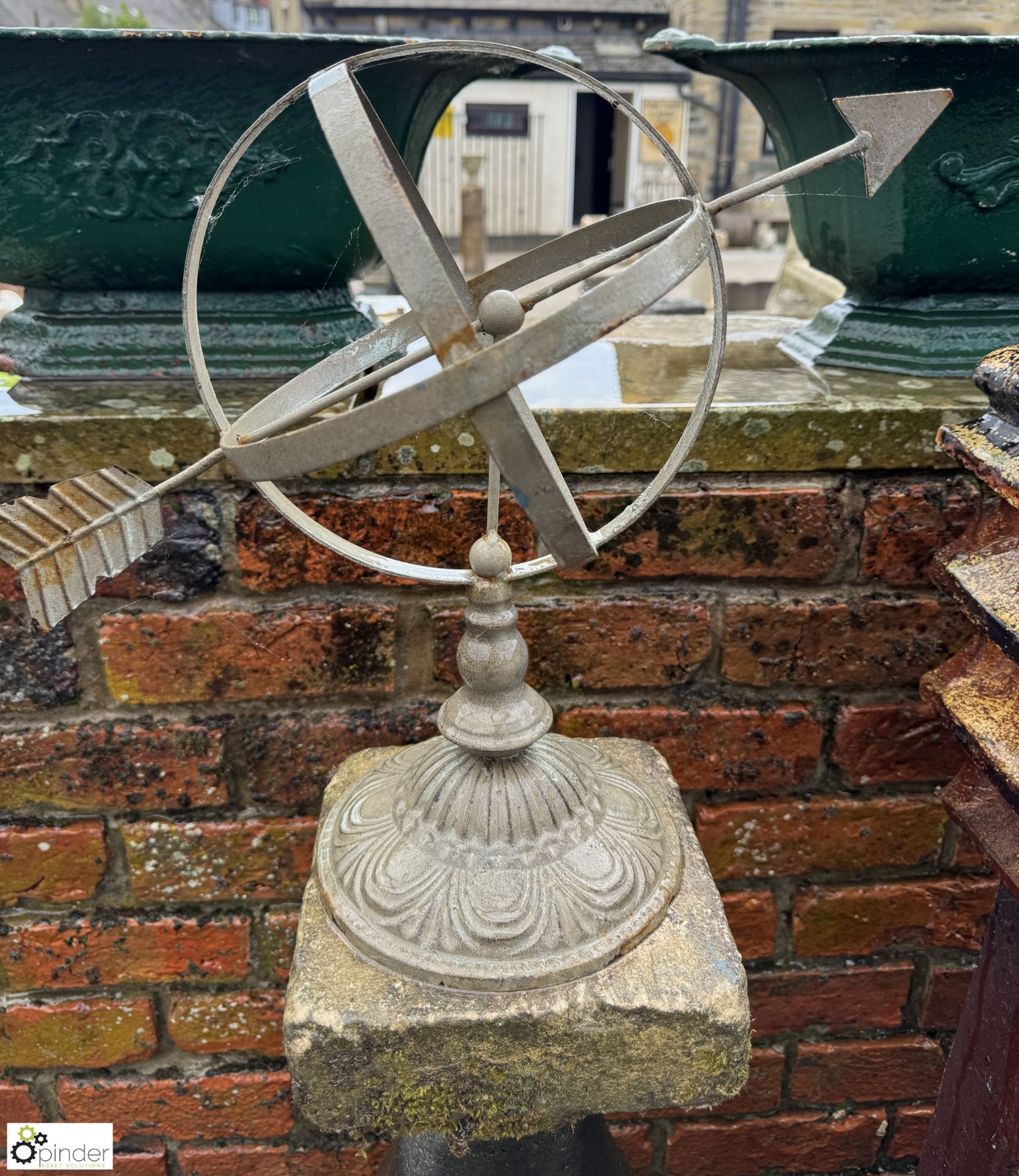 A Yorkshire stone balustrade armillary Plinth, with galvanised metal armillary, approx. 50in - Image 2 of 6
