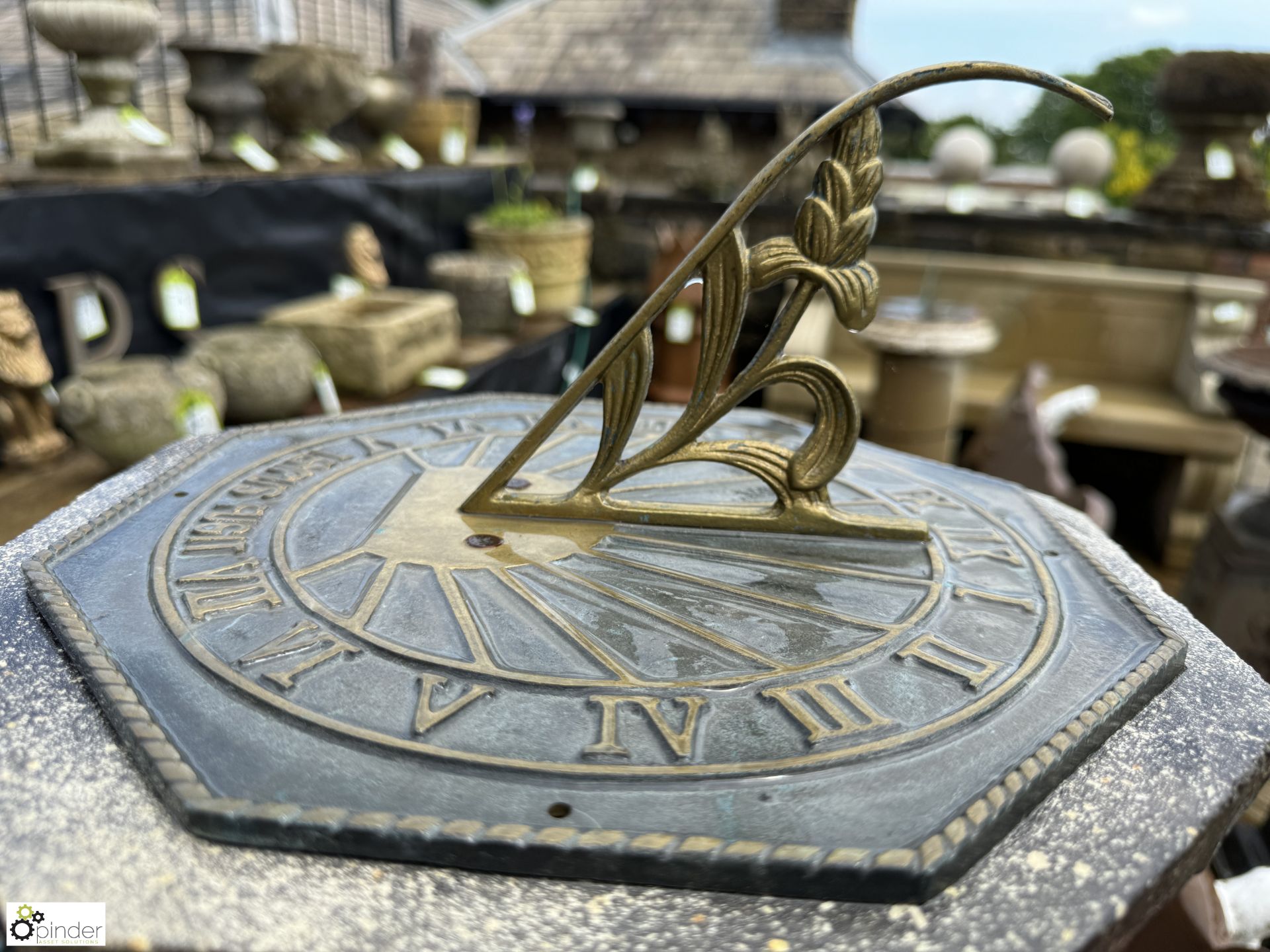 A Yorkshire stone Sundial Plinth, with bronze sundial plate with Roman numerals and a decorative - Image 5 of 8