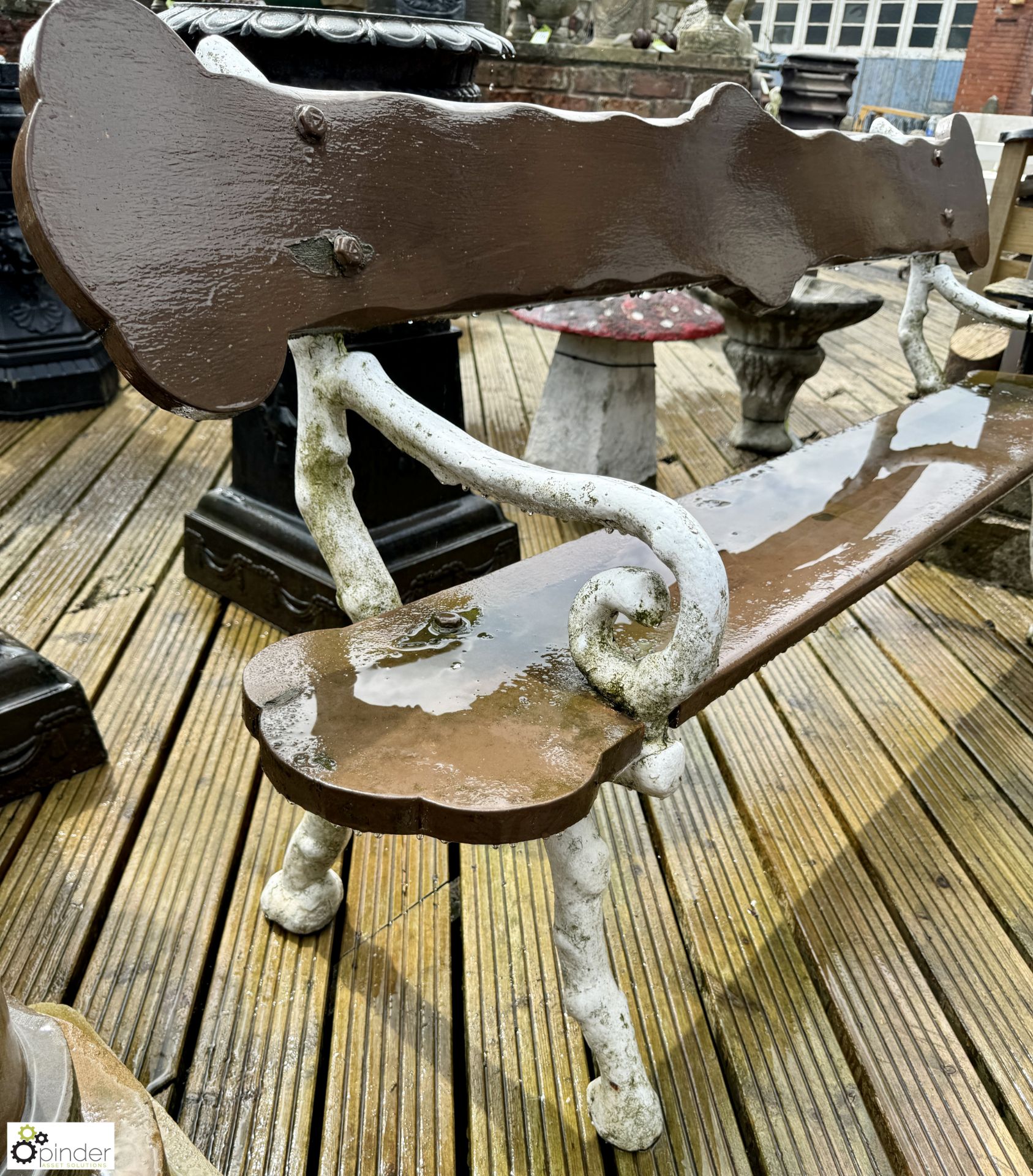 A Garden Bench, consisting pair cast iron Victorian faux bois bench ends with wooden slats, - Image 3 of 6