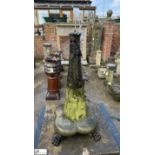 A large Yorkshire stone Gothic Quatrefoil Fountain, mounted on 4 cast iron lion paw feet, stond