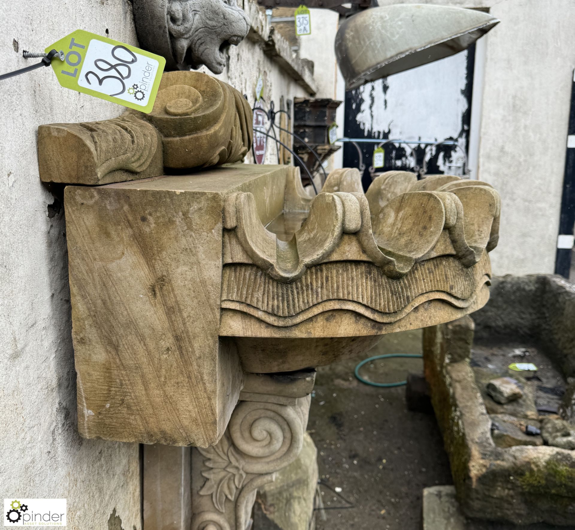 A Wall Fountain comprising reconstituted stone lions head waterspout, mounted above a sandstone clam - Image 12 of 13