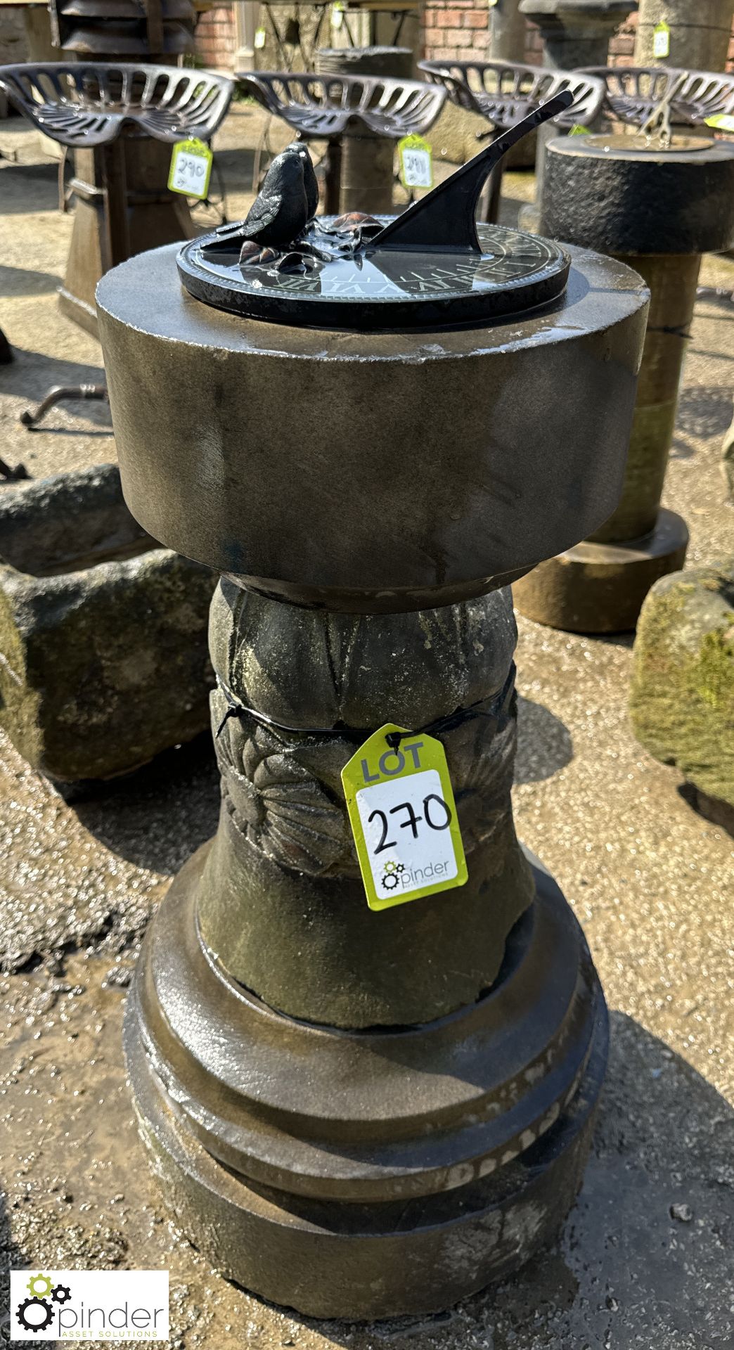 A round 5-tier reclaimed Yorkshire stone Sundial Plinth, with flower decoration, sundial plate