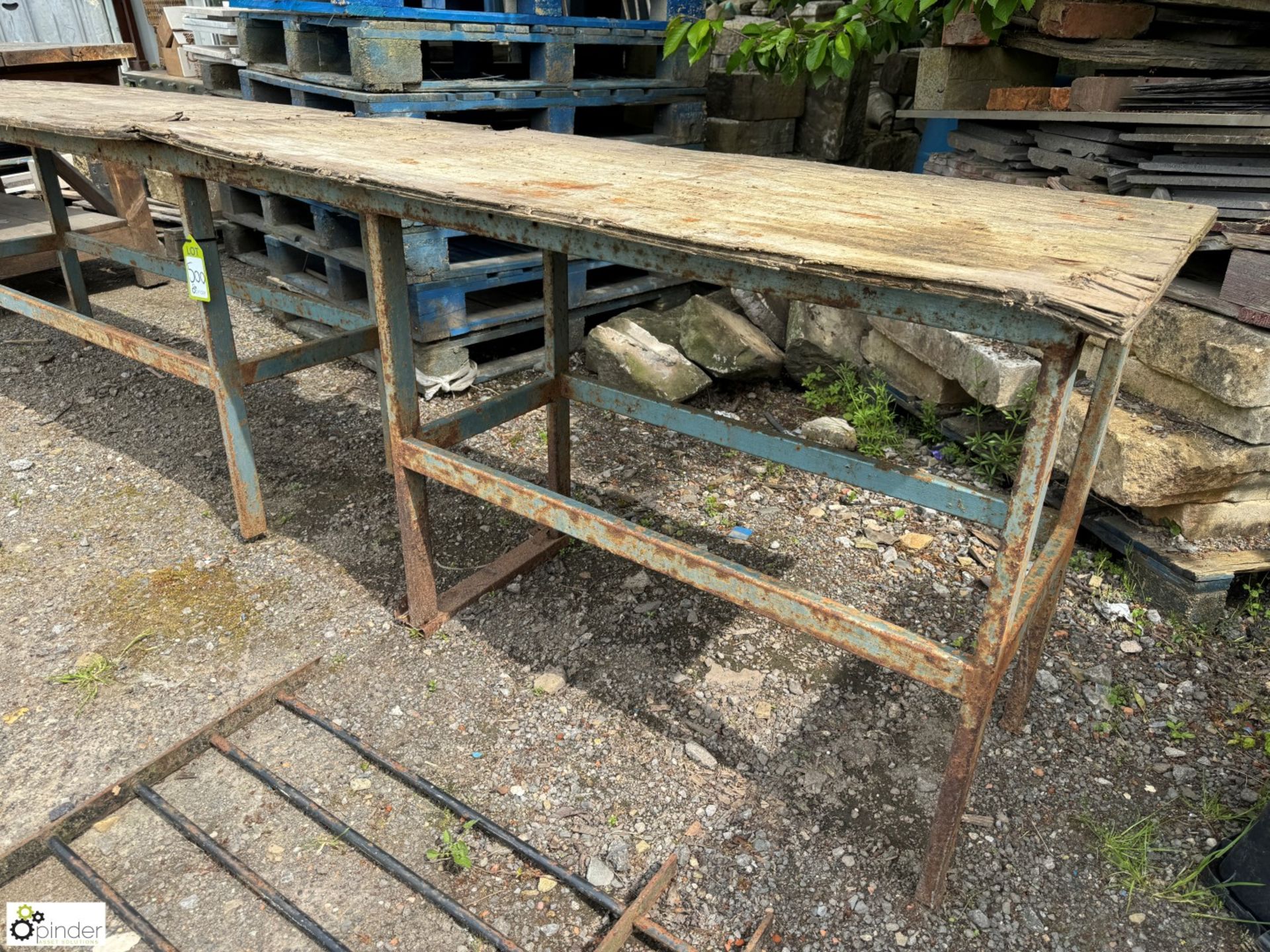 A reclaimed metal and wooden Workbench, approx. 34in x 24in x 126in - Image 3 of 6