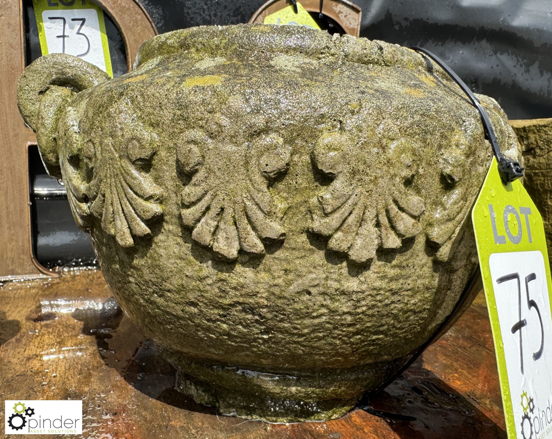 A pair round reconstituted stone Planters, with classical honeysuckle and ring handle decoration, - Image 4 of 6