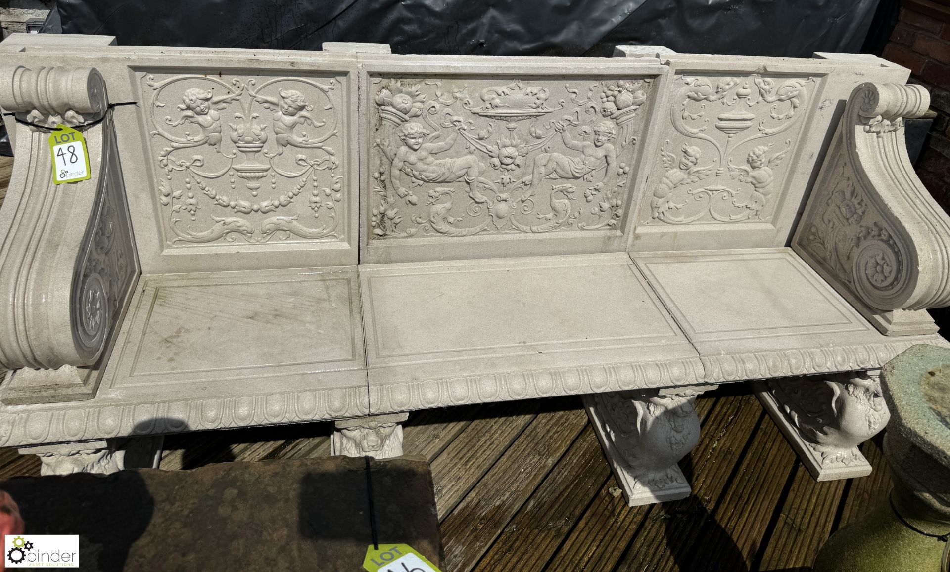 A reconstituted Haddonstone Garden Bench, with classical decoration by Raphael, approx. 40in x 86in - Image 5 of 11