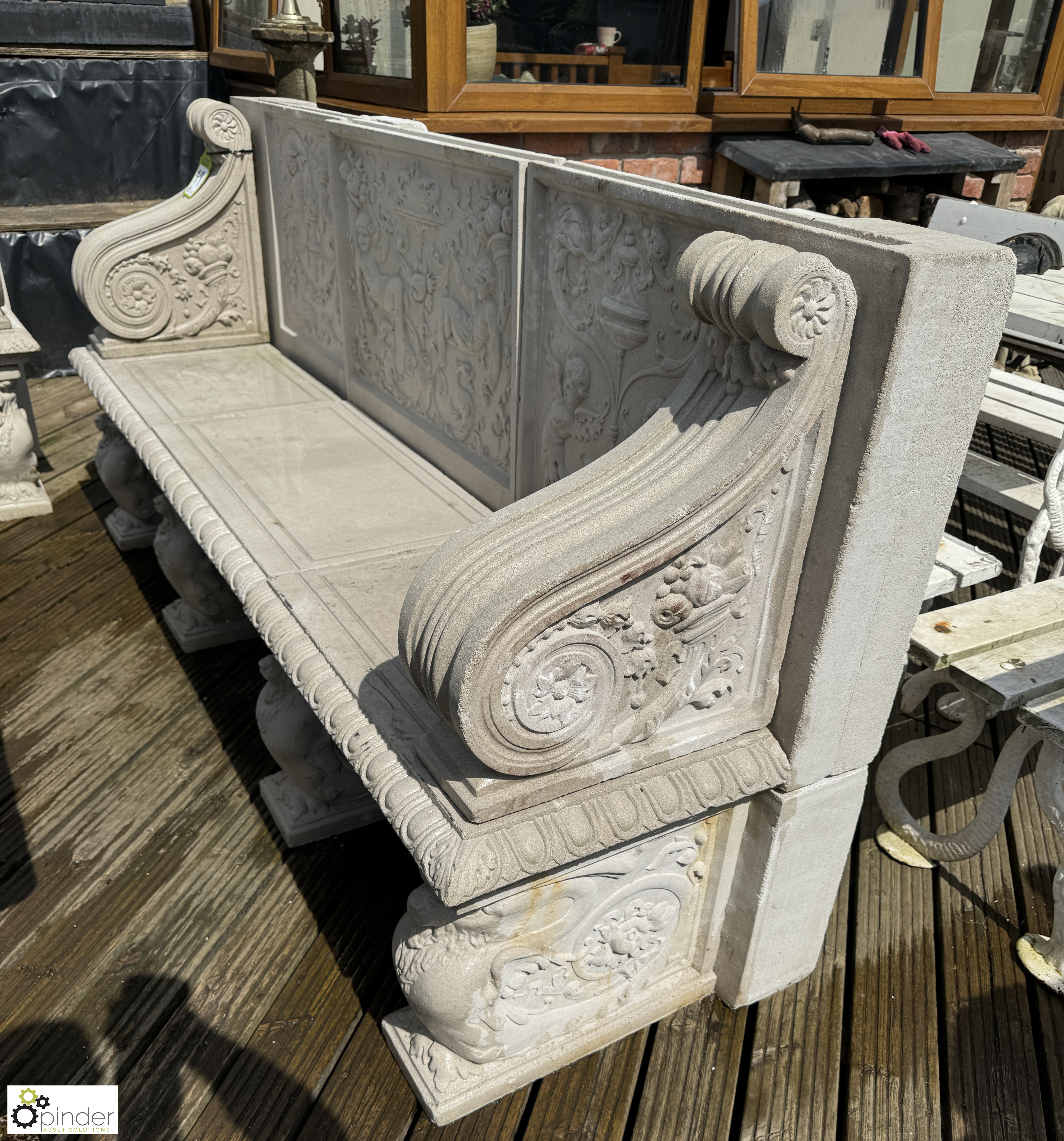 A reconstituted Haddonstone Garden Bench, with classical decoration by Raphael, approx. 40in x 86in - Image 13 of 15