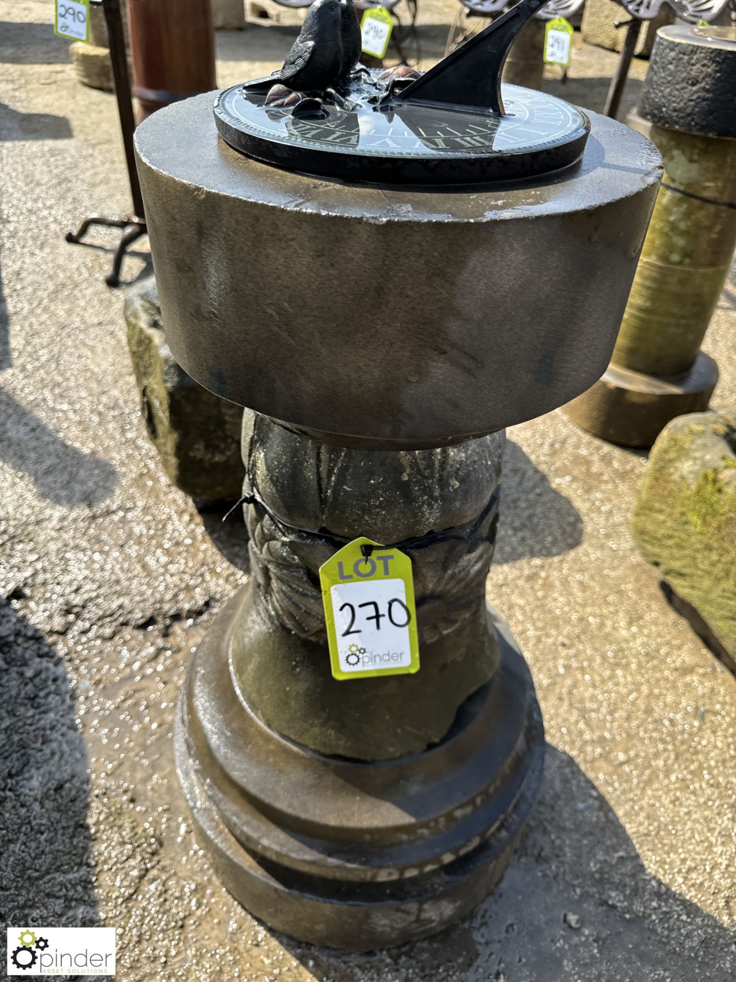 A round 5-tier reclaimed Yorkshire stone Sundial Plinth, with flower decoration, sundial plate - Image 6 of 7