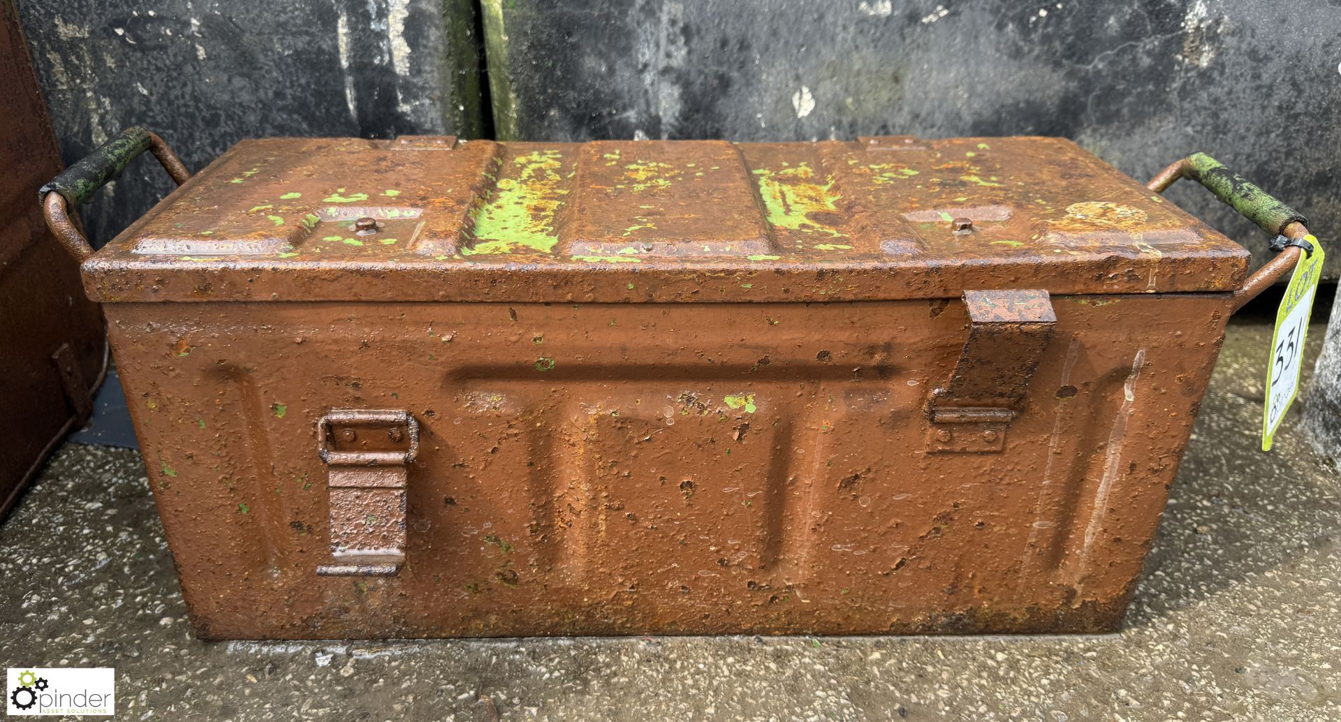 A metal Ammunition Box, with handles, approx. 9in x 9in x 22in, inside is a selection of vintage