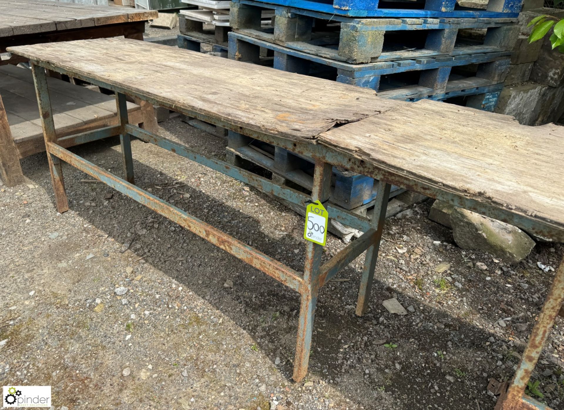 A reclaimed metal and wooden Workbench, approx. 34in x 24in x 126in - Image 4 of 6