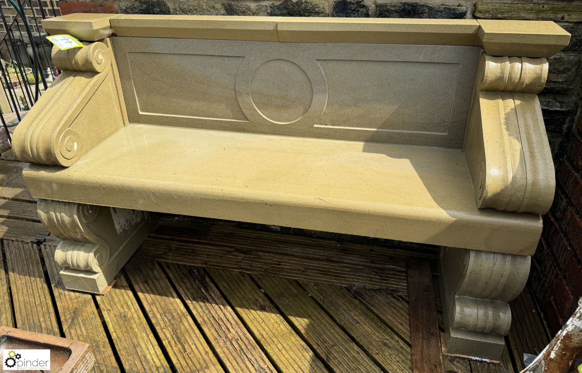 A hand carved Yorkshire stone Bench, with classical scroll design, approx. 35in x 62in (paired - Image 6 of 7