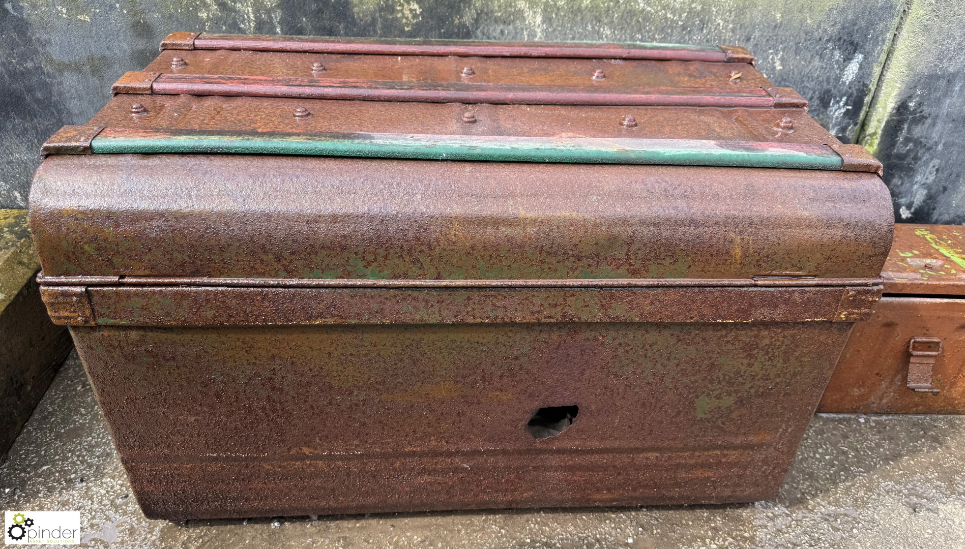 An metal Travel Trunk, with carry handles and wooden bump strips, approx. 20in x 21in x 32in,
