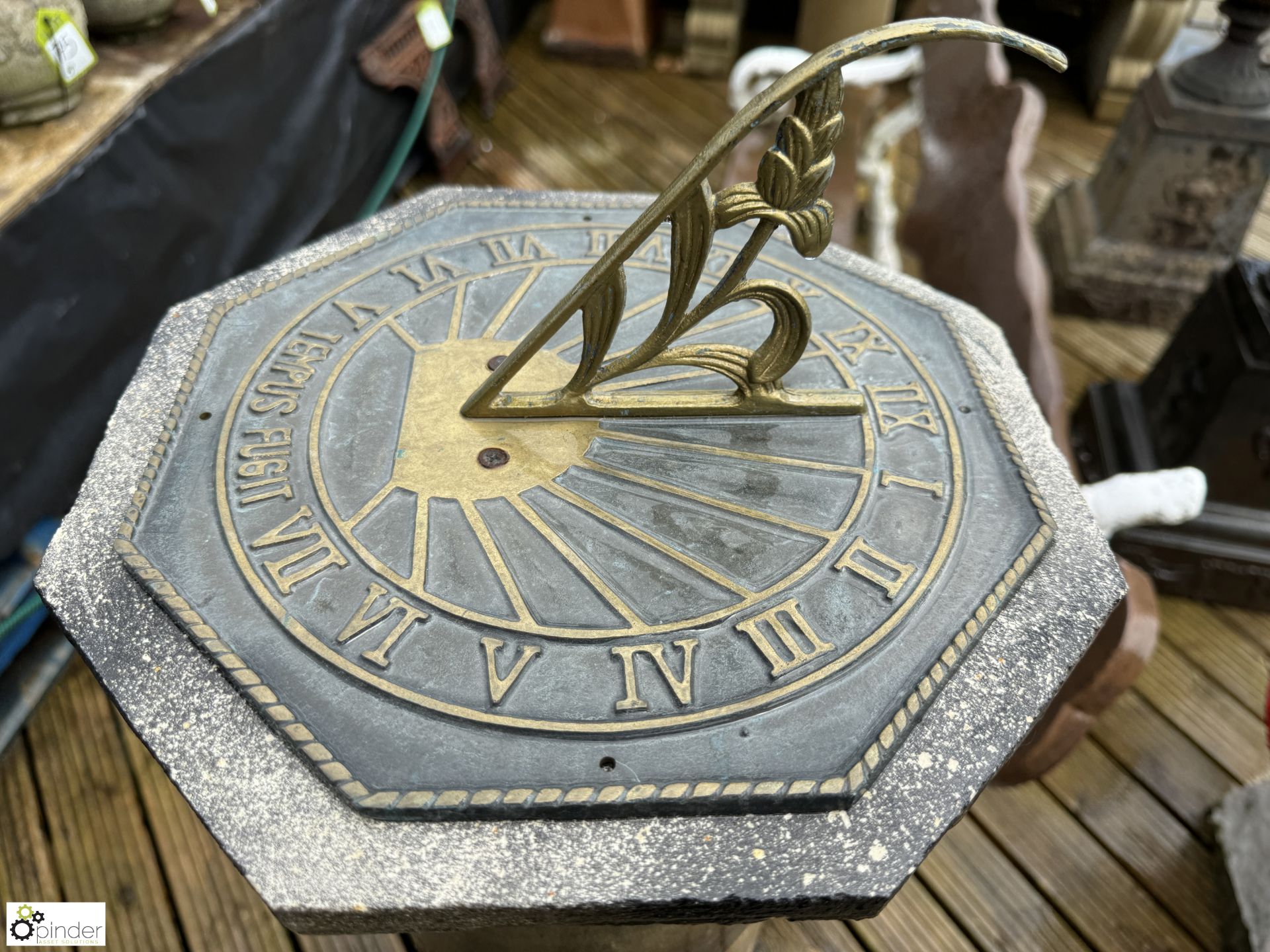 A Yorkshire stone Sundial Plinth, with bronze sundial plate with Roman numerals and a decorative - Image 3 of 8
