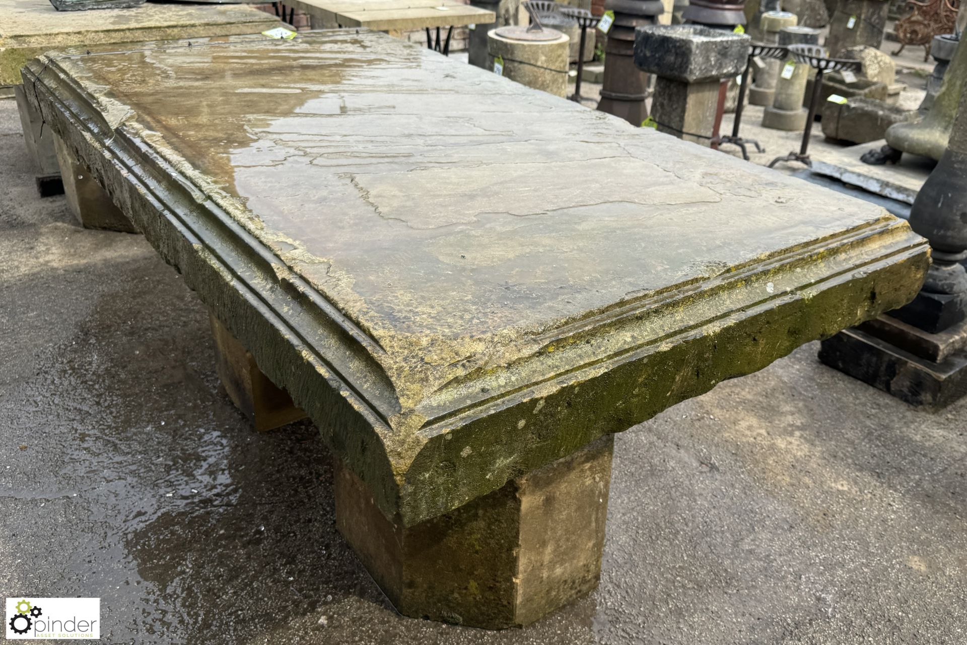 A large Yorkshire stone Table, with decorative moulding sat on 2 half carved octagonal Yorkshire - Image 2 of 9