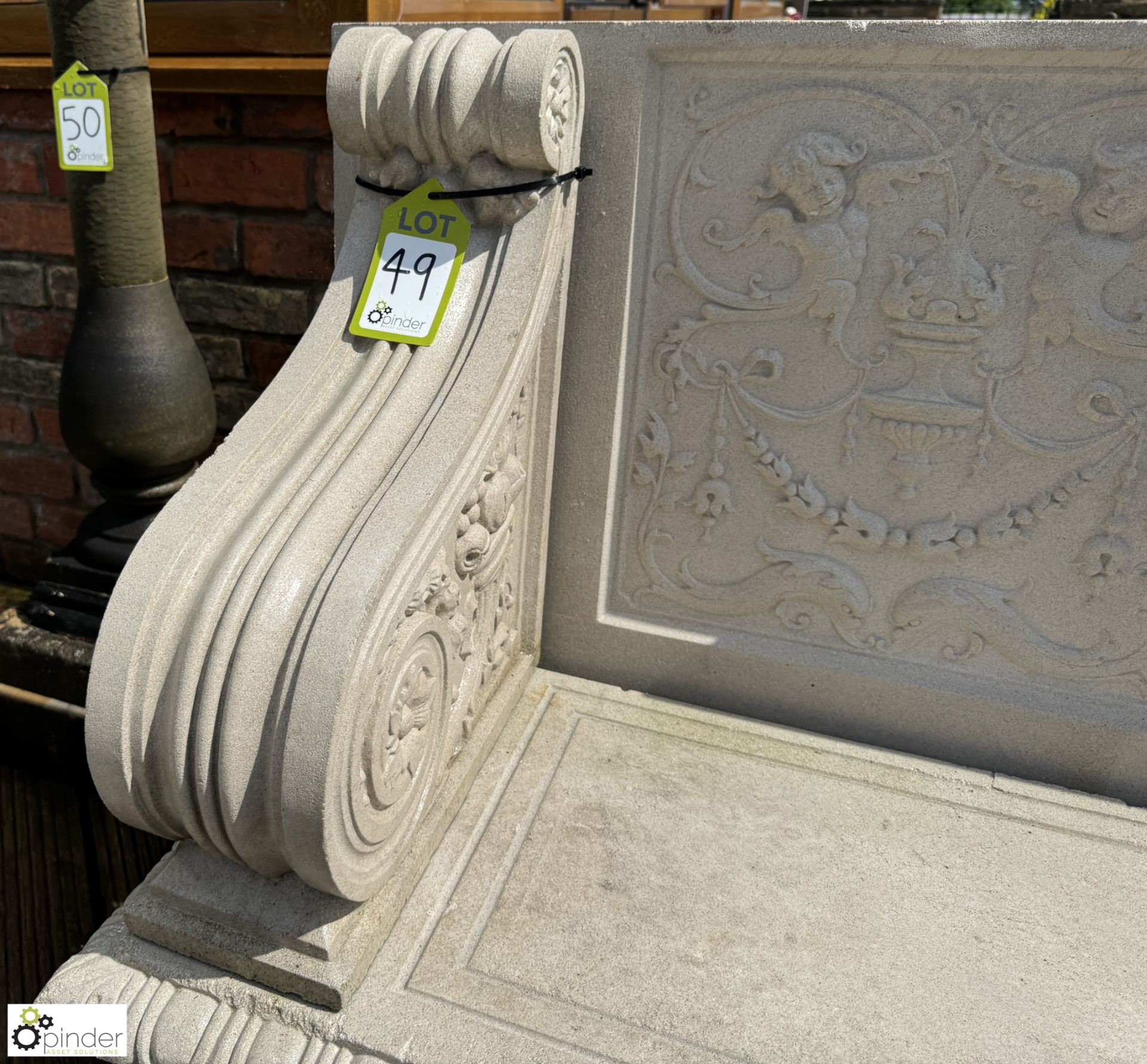 A reconstituted Haddonstone Garden Bench, with classical decoration by Raphael, approx. 40in x 86in - Image 9 of 15