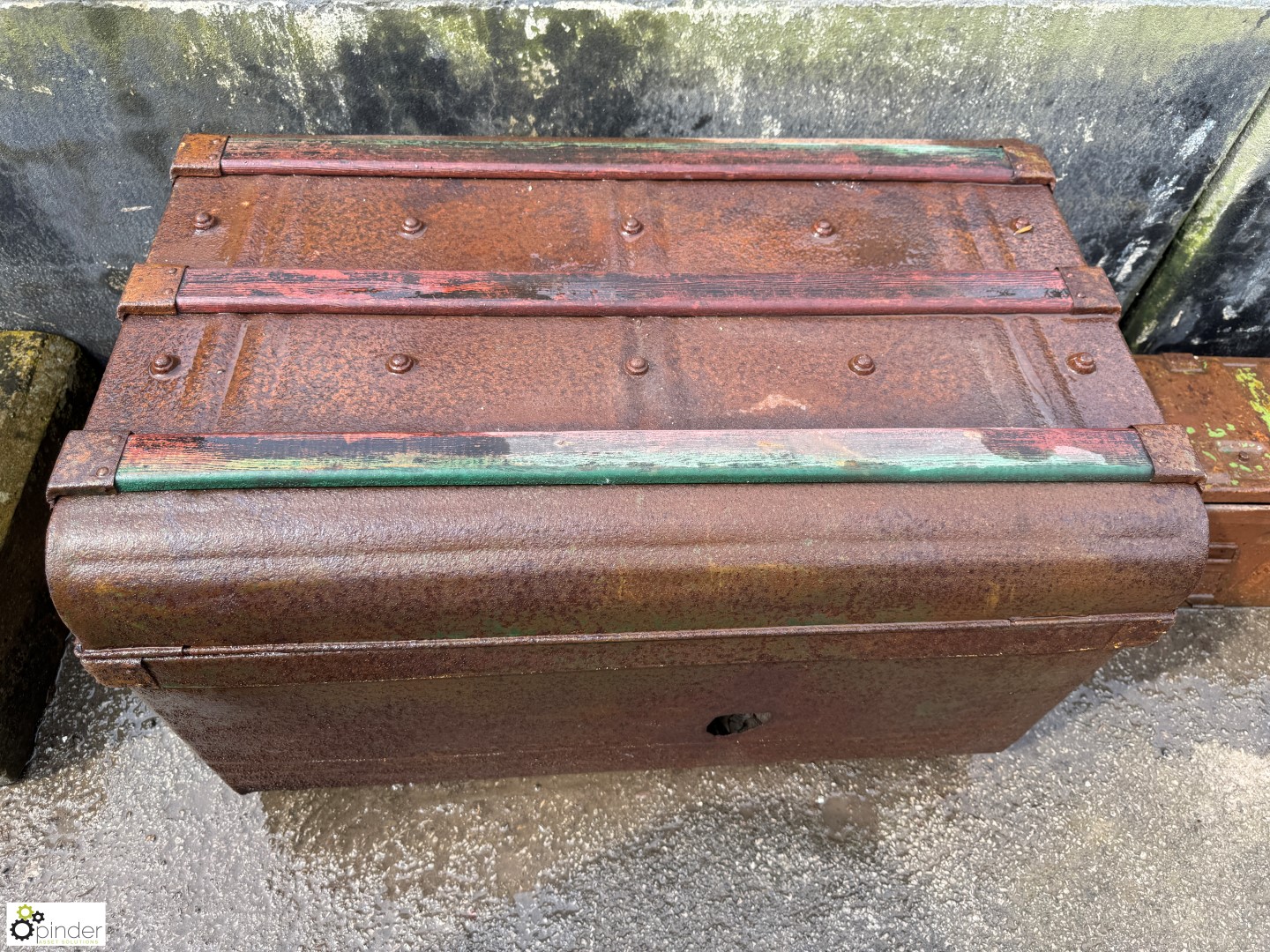 An metal Travel Trunk, with carry handles and wooden bump strips, approx. 20in x 21in x 32in, - Image 2 of 3