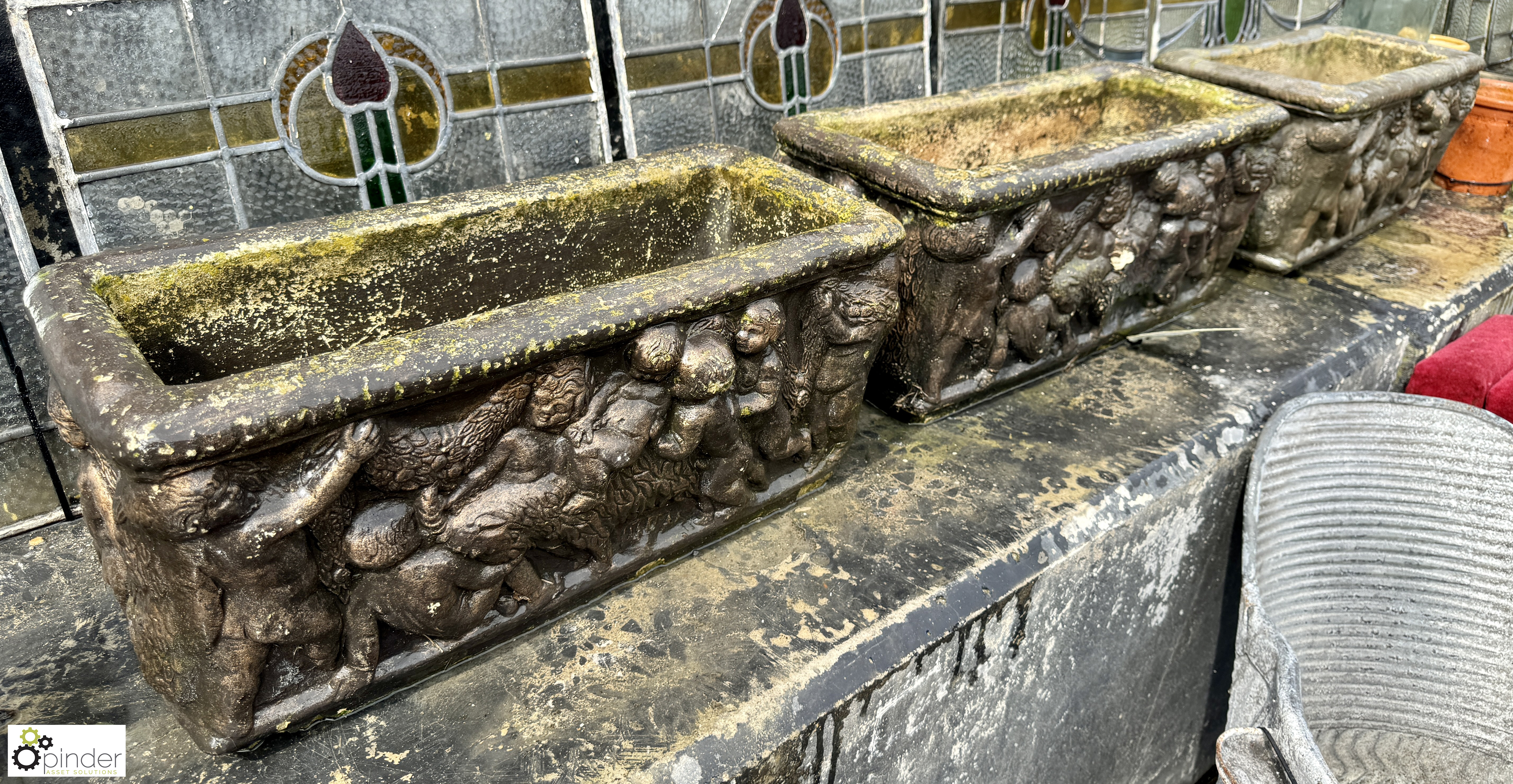 A set 3 reconstituted stone Planters, with classical design depicting 3 cherubs playing, approx. 9in - Image 9 of 10