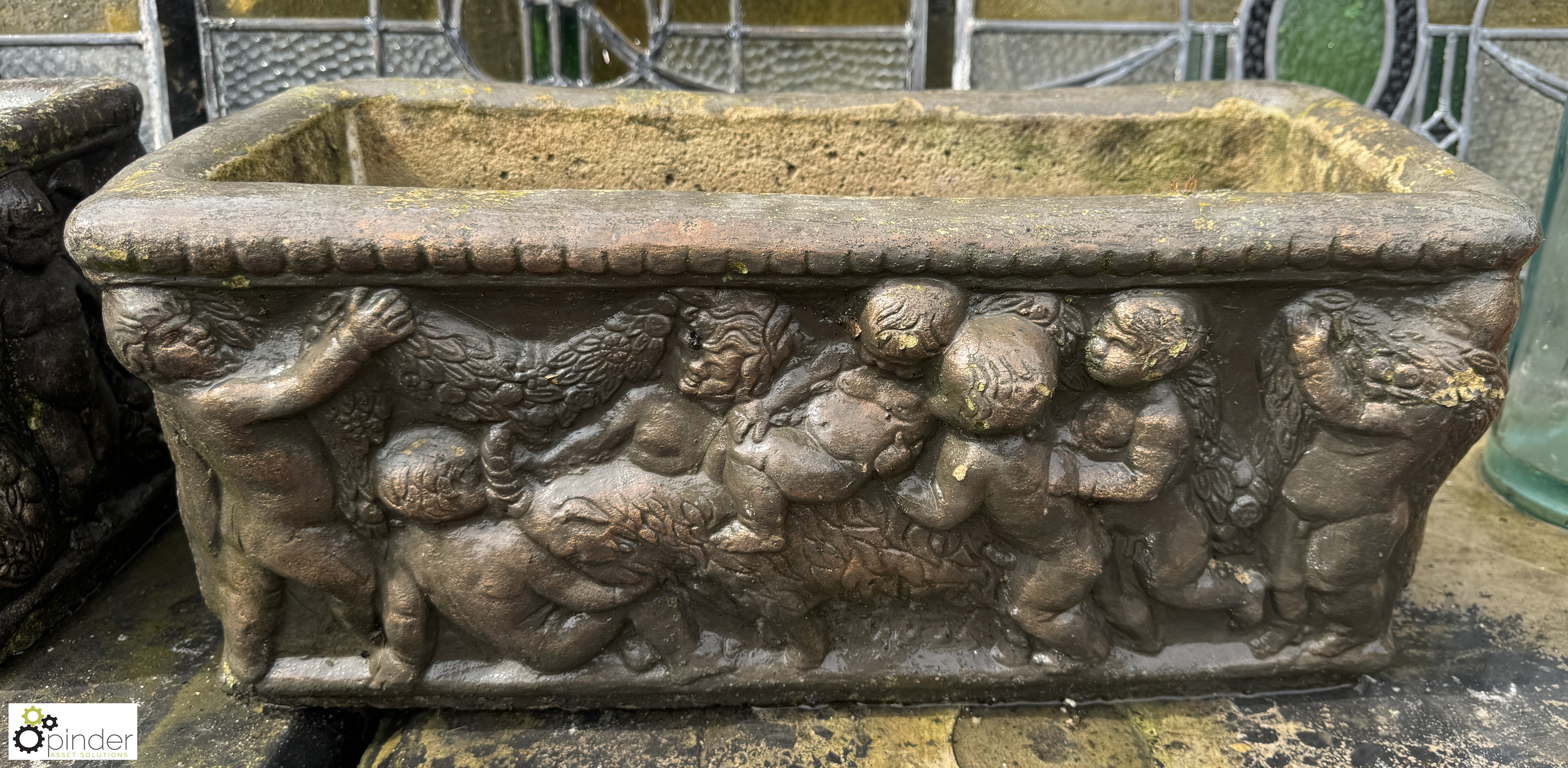 A set 3 reconstituted stone Planters, with classical design depicting 3 cherubs playing, approx. 9in - Image 6 of 10