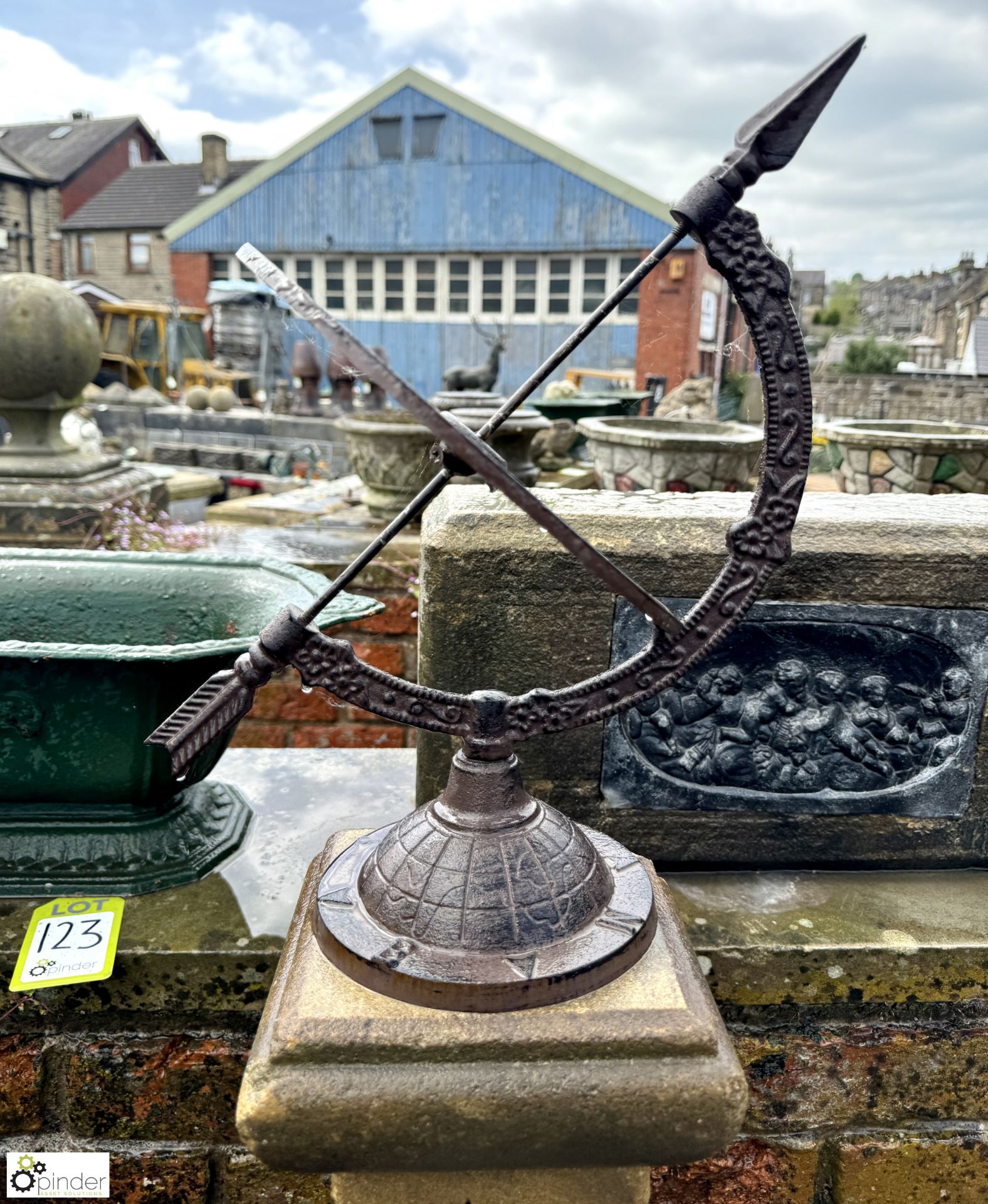 A Yorkshire stone balustrade Armillary Plinth, with cast iron armillary, marked “North, East, South, - Image 3 of 7