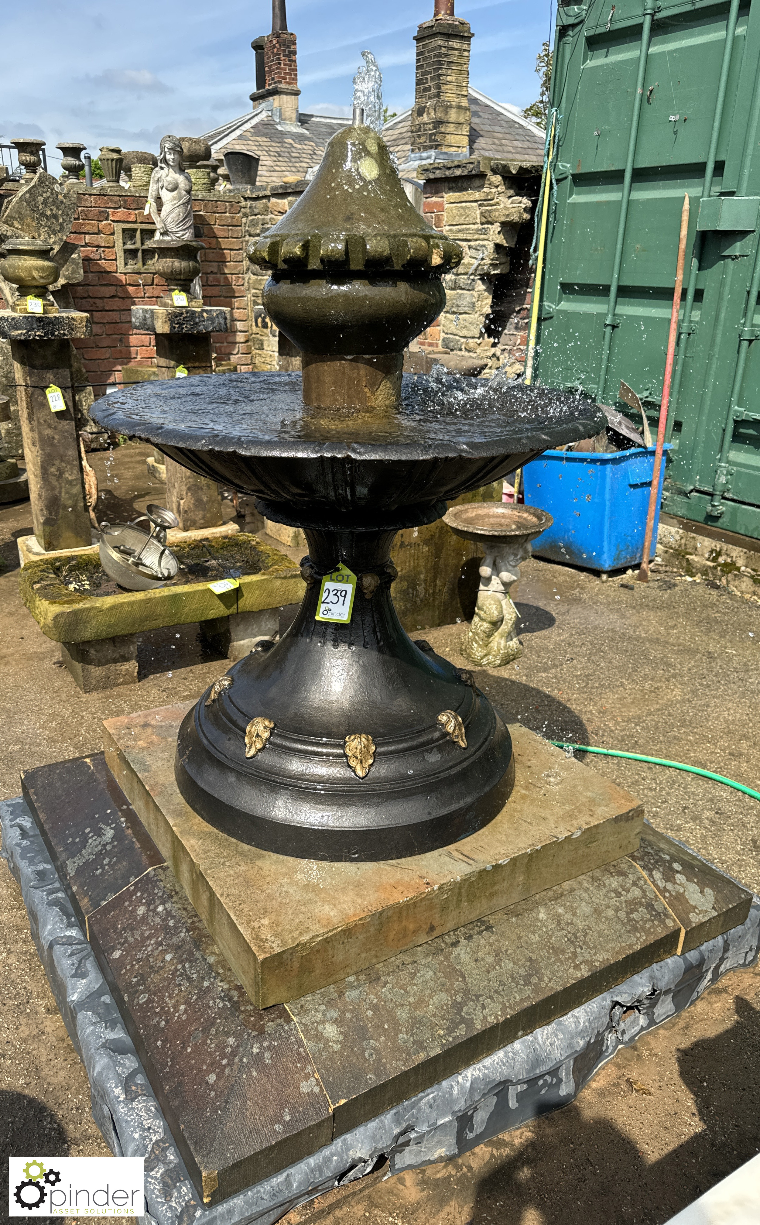A Victorian cast iron Base and Fountain Bowl, on 2-tier Yorkshire stone plinth, with a carved - Image 2 of 7
