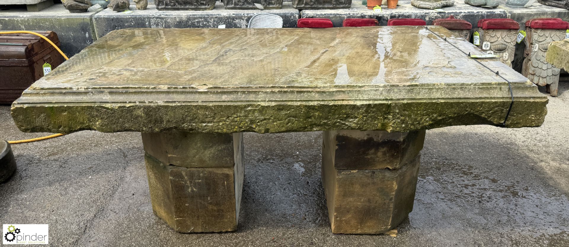 A large Yorkshire stone Table, with decorative moulding sat on 2 half carved octagonal Yorkshire - Image 3 of 9