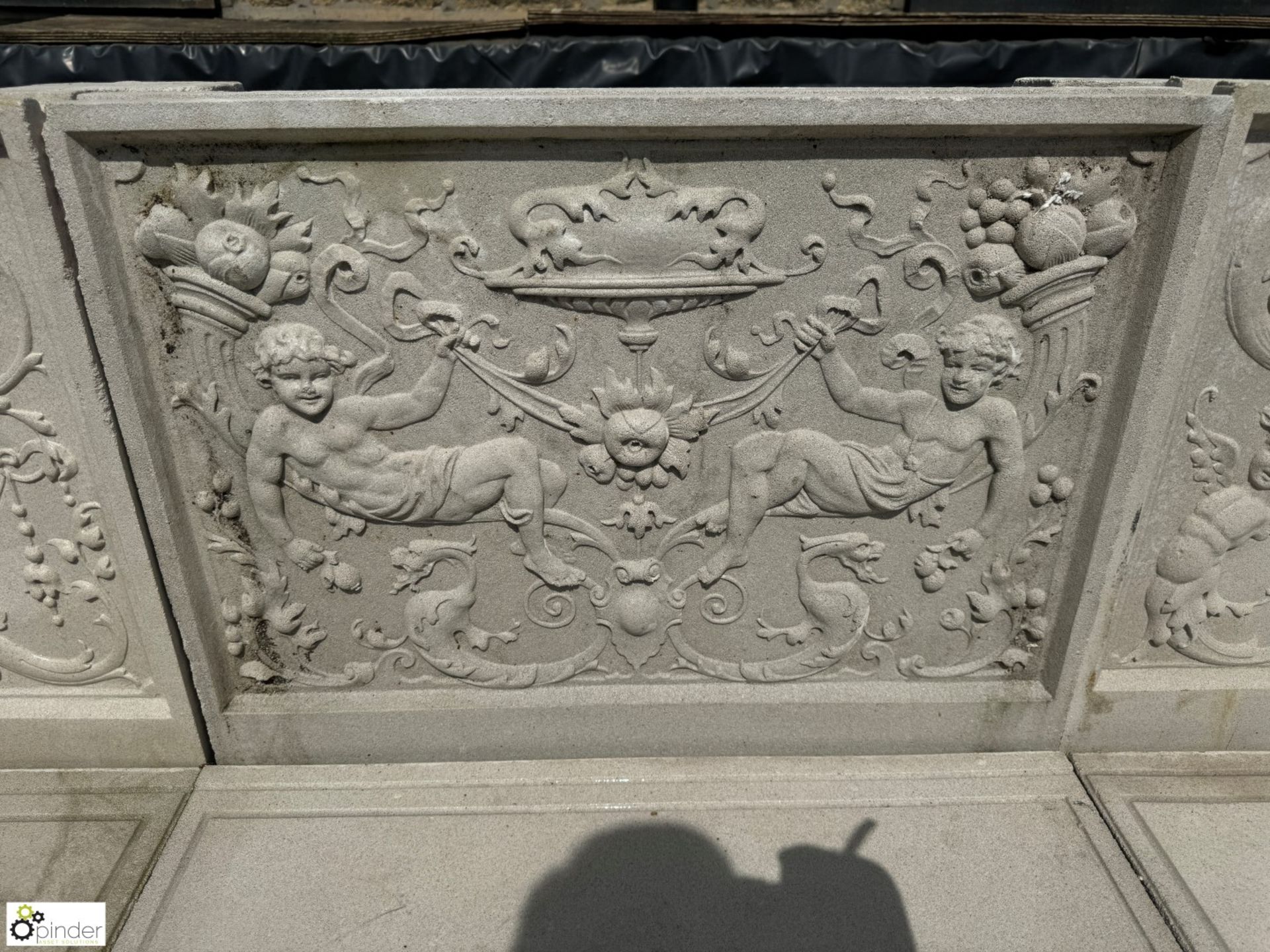 A reconstituted Haddonstone Garden Bench, with classical decoration by Raphael, approx. 40in x 86in - Image 7 of 11