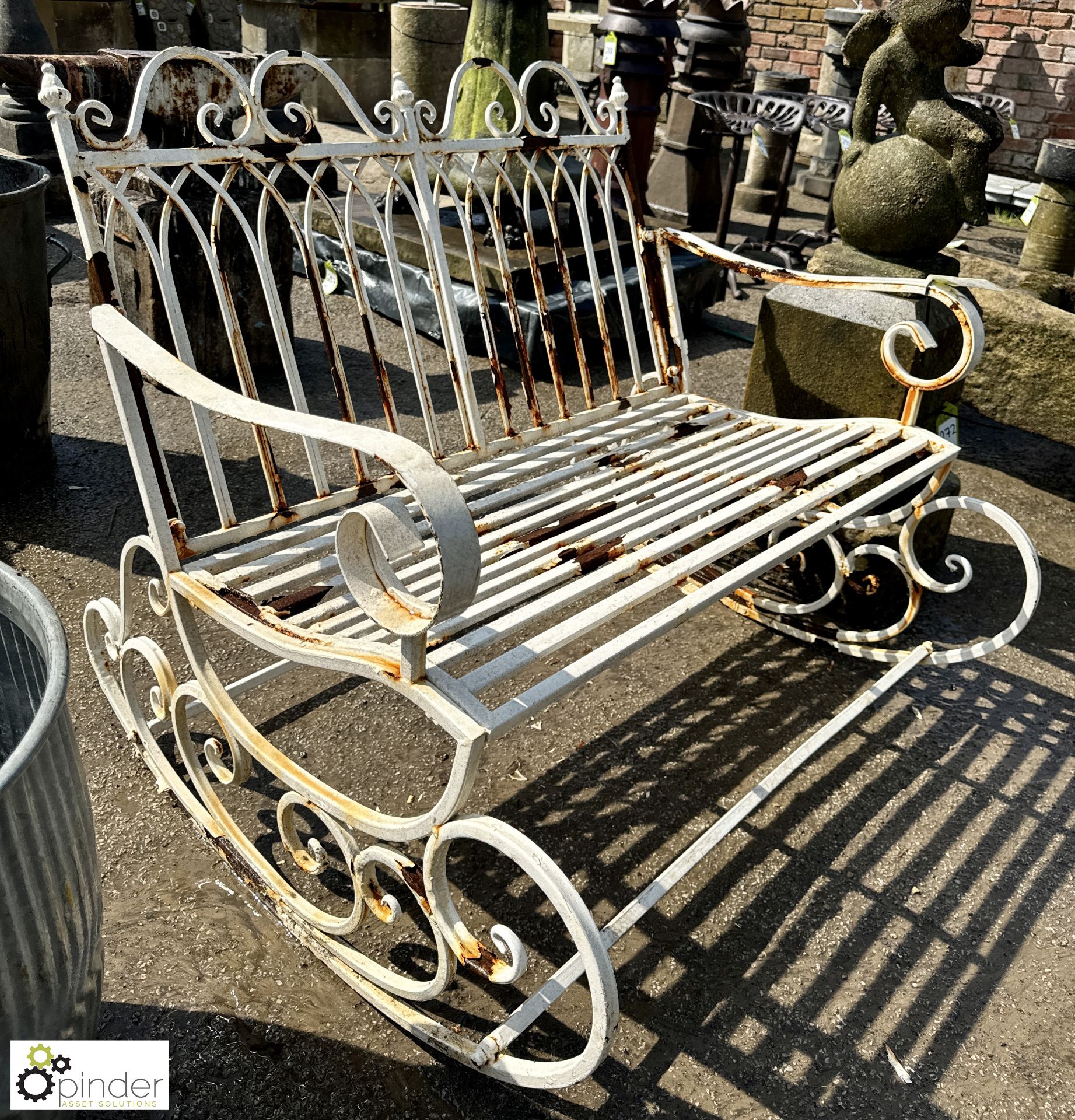 A shabby chic twin seater wrought iron Rocking Garden Bench, approx. 35in x 43in, circa late 1900s - Image 3 of 5