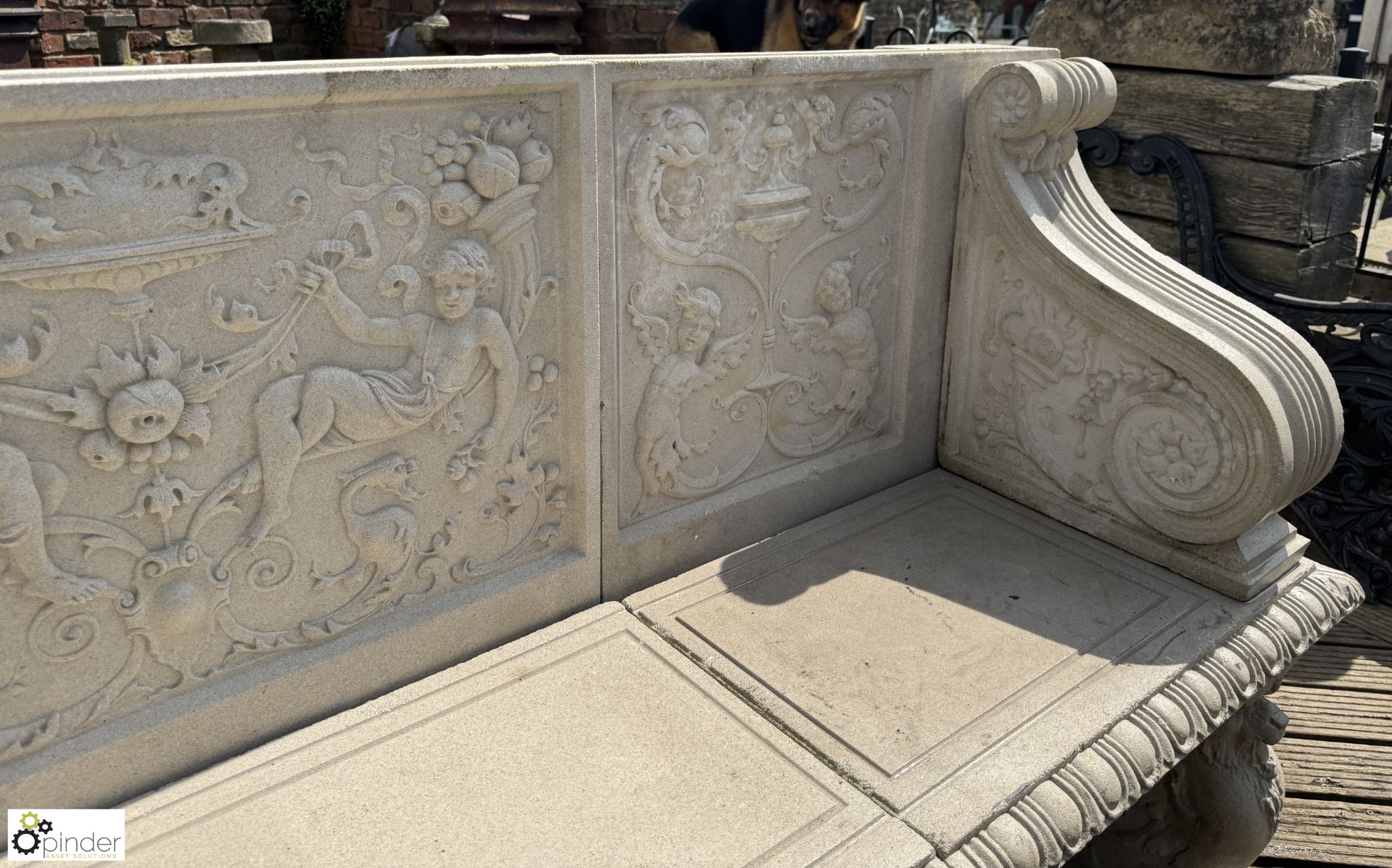 A reconstituted Haddonstone Garden Bench, with classical decoration by Raphael, approx. 40in x 86in - Image 8 of 15