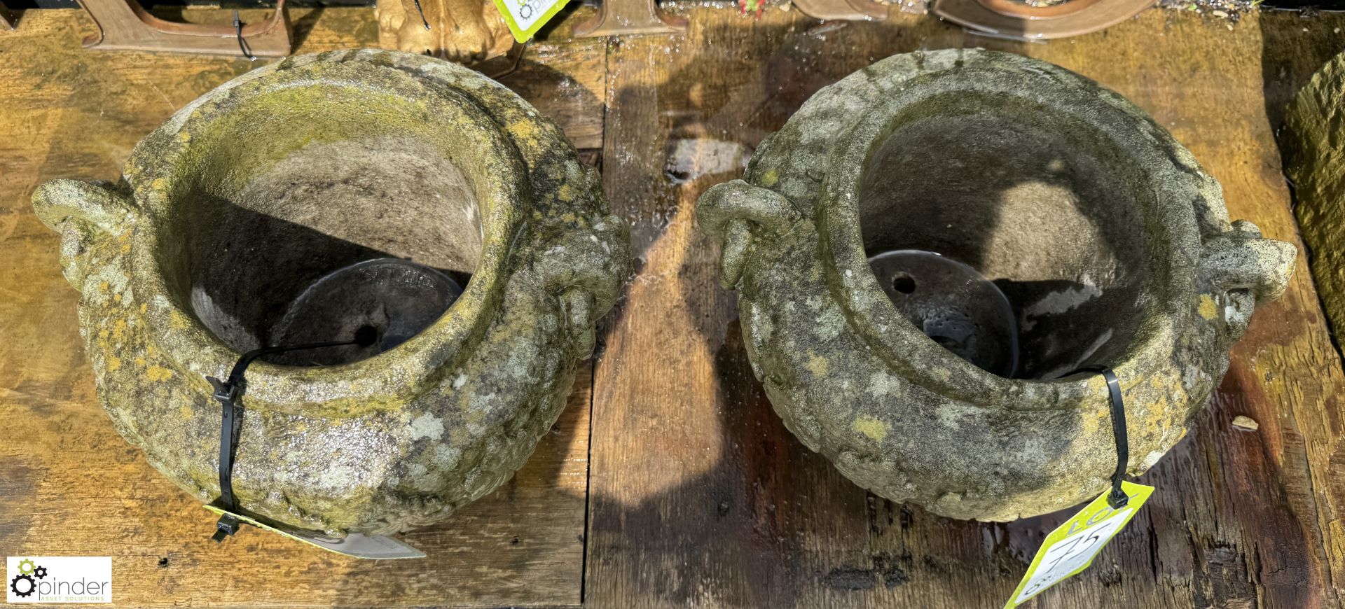 A pair round reconstituted stone Planters, with classical honeysuckle and ring handle decoration, - Image 5 of 6