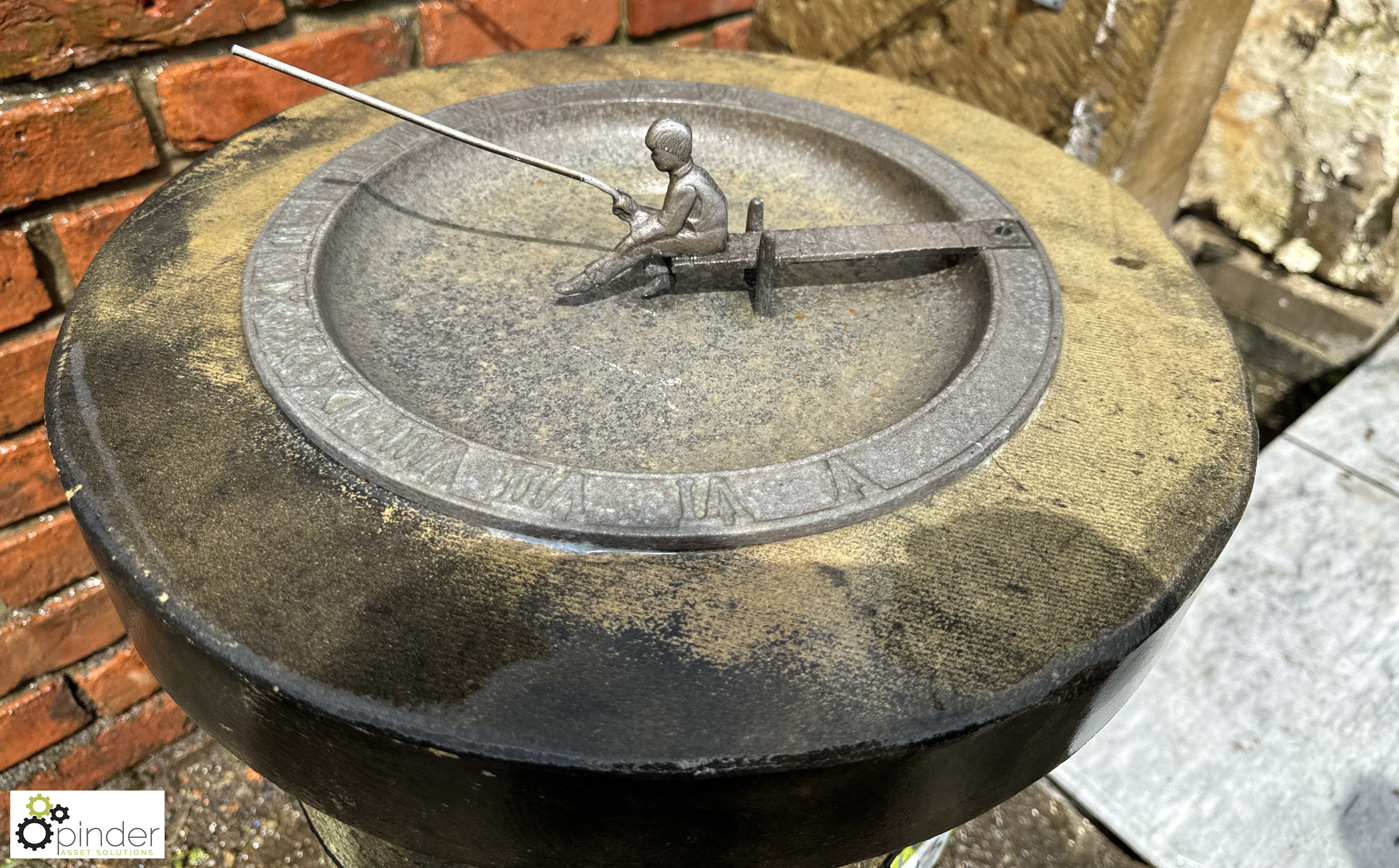 An original Birdbath and Sundial, decorative gnomon of a young boy fishing on a pier, with Roman - Image 3 of 6