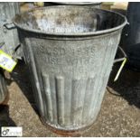 Antique galvanised metal Dustbin, with lifting handles, approx. 2ft x 18in diameter, circa early