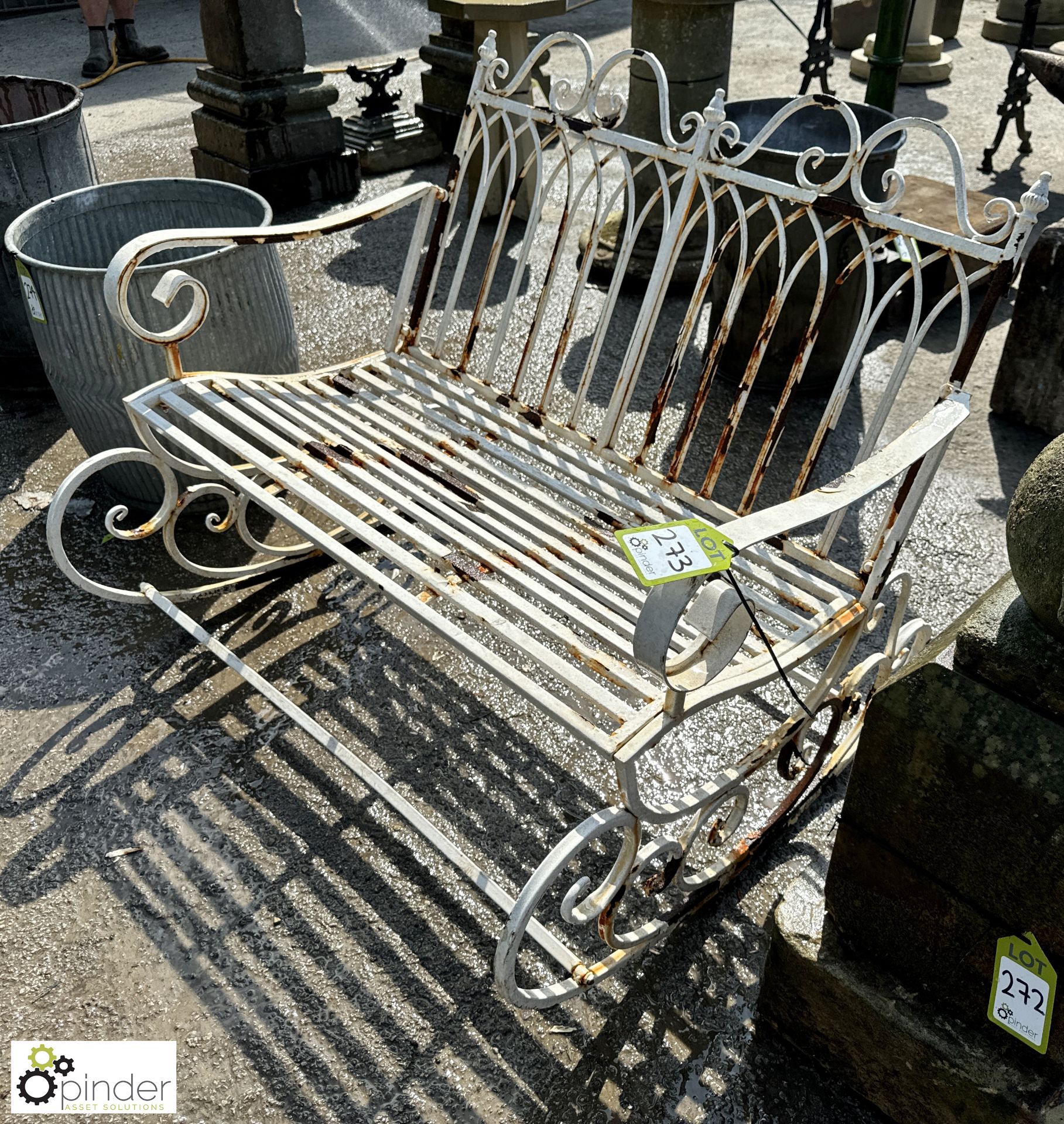 A shabby chic twin seater wrought iron Rocking Garden Bench, approx. 35in x 43in, circa late 1900s