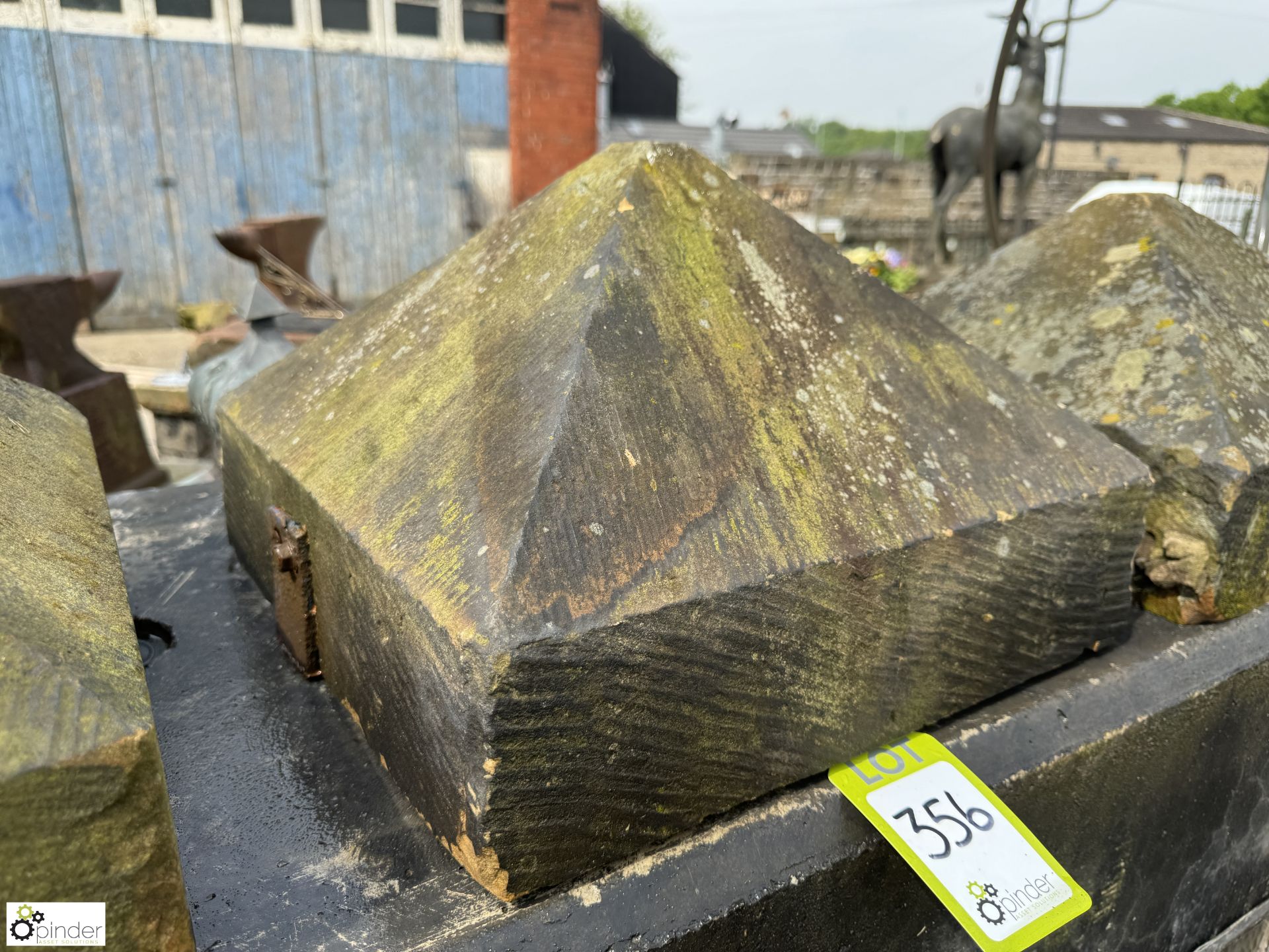 A set 3 Victorian Yorkshire stone triangular top Pier Caps, approx. 10in x 16in x 16in - Image 5 of 10