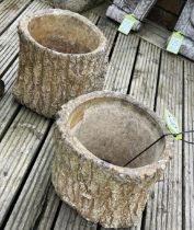 A pair reconstituted stone faux bois Planters, mid