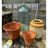 A stoneware Jar, old Bottle and 2 clay Plant Pots