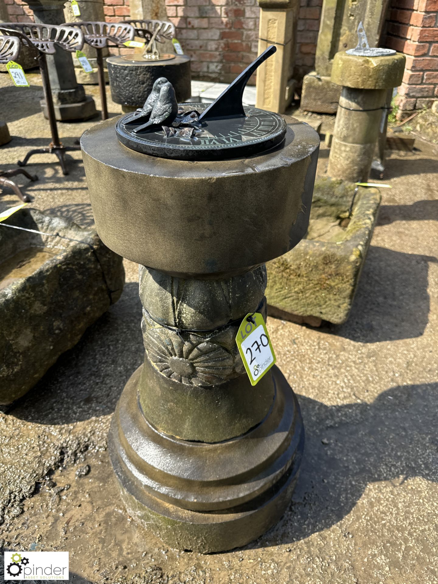 A round 5-tier reclaimed Yorkshire stone Sundial Plinth, with flower decoration, sundial plate - Image 2 of 7