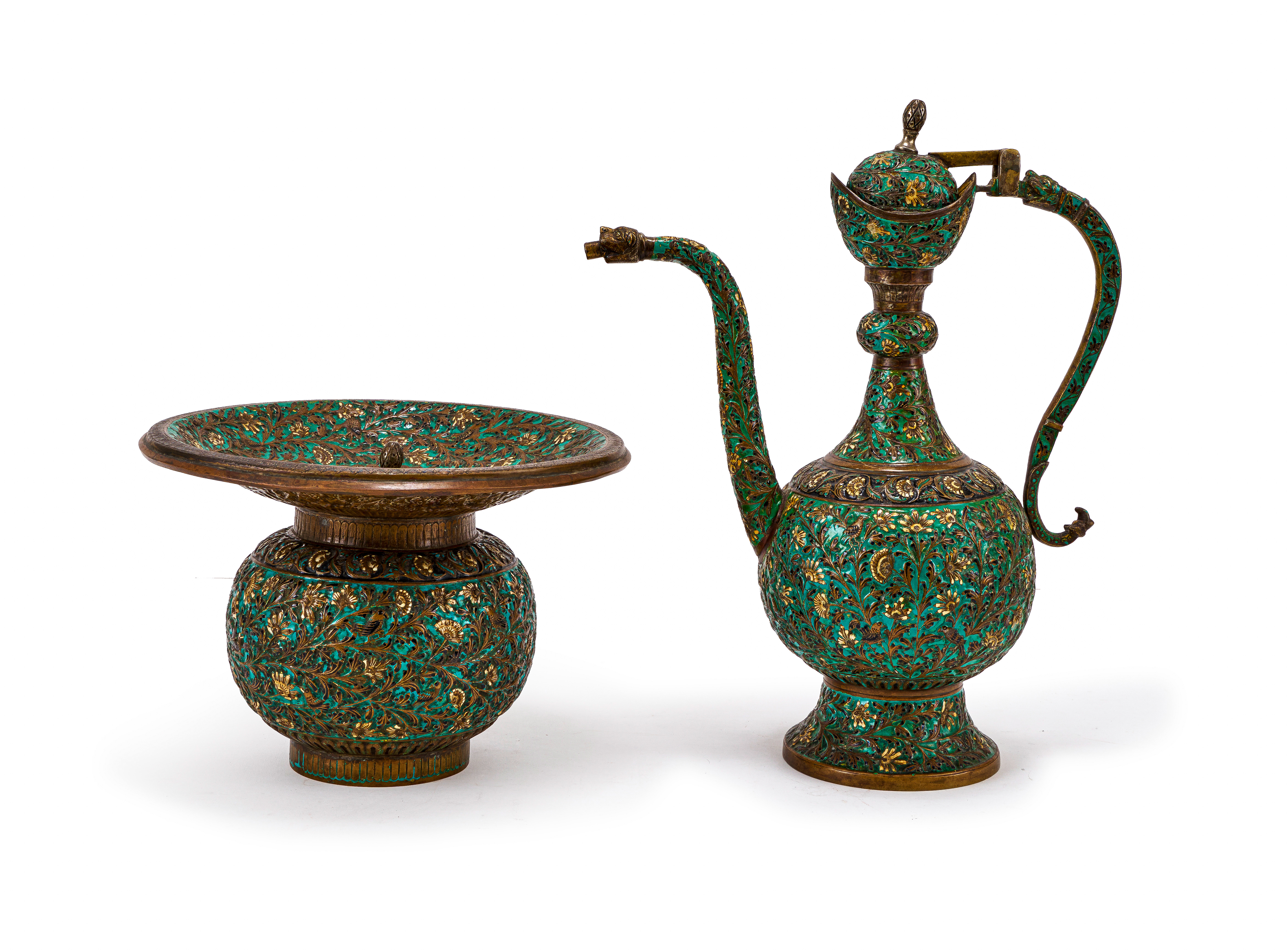 A FINE ENAMELLED BRONZE INDIAN EWER & BASIN, 18TH/19TH CENTURY - Image 3 of 7