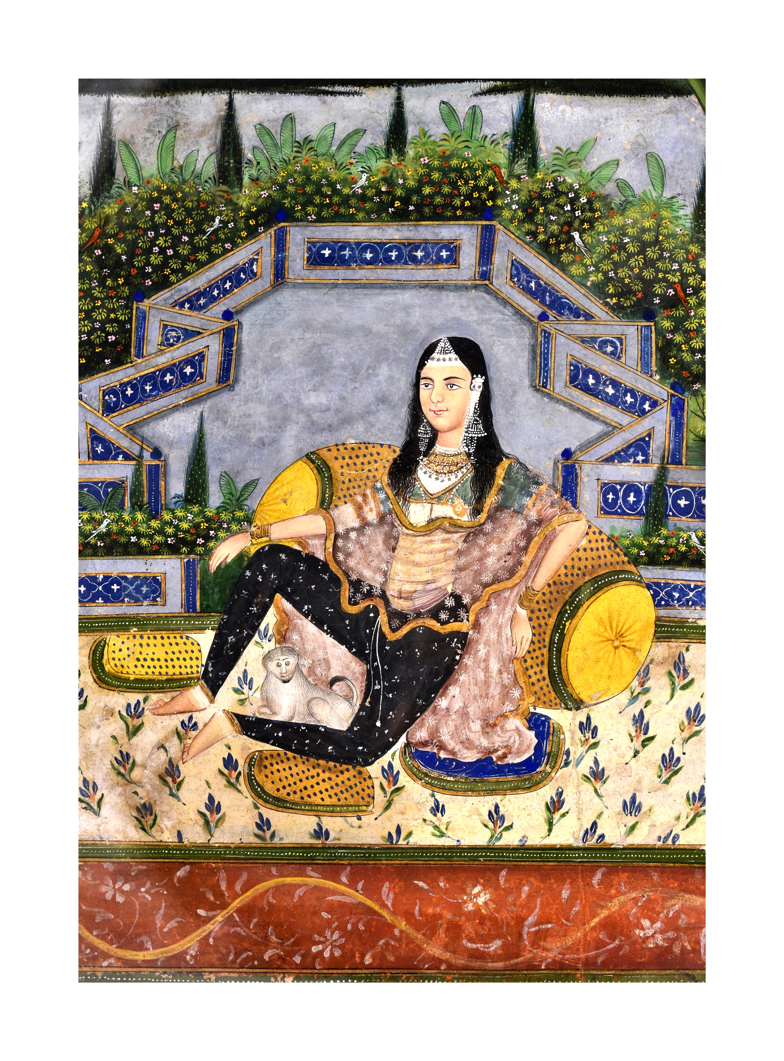 A COURTESAN SEATED ON A TERRACE OF A GARDEN WITH A PET, 19TH CENTURY, JAIPUR/ALWAR SCHOOL - Image 2 of 4